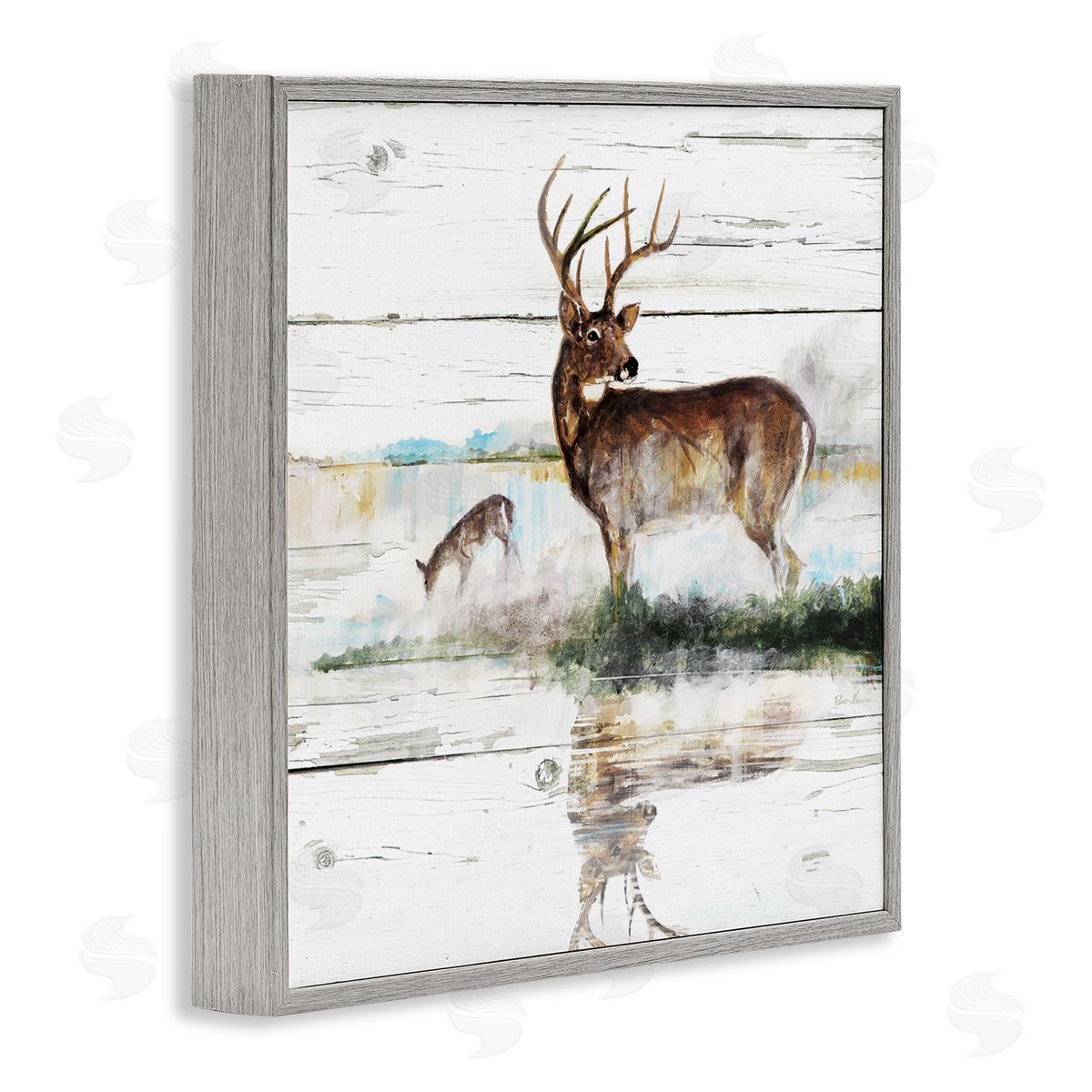 Ruane Manning Wild Buck Deer Watering Hole Forest Animal Reflection Gray Framed Glicee Wall Art Print