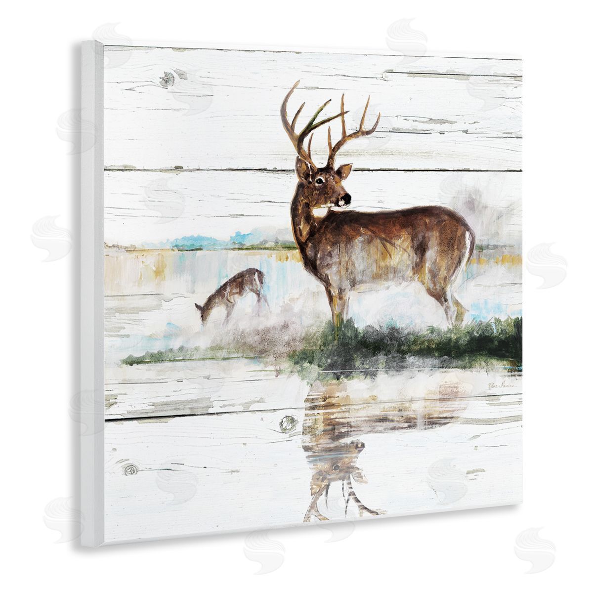 Ruane Manning Wild Buck Deer Watering Hole Forest Animal Reflection Wooden Wall Plaque Art Print