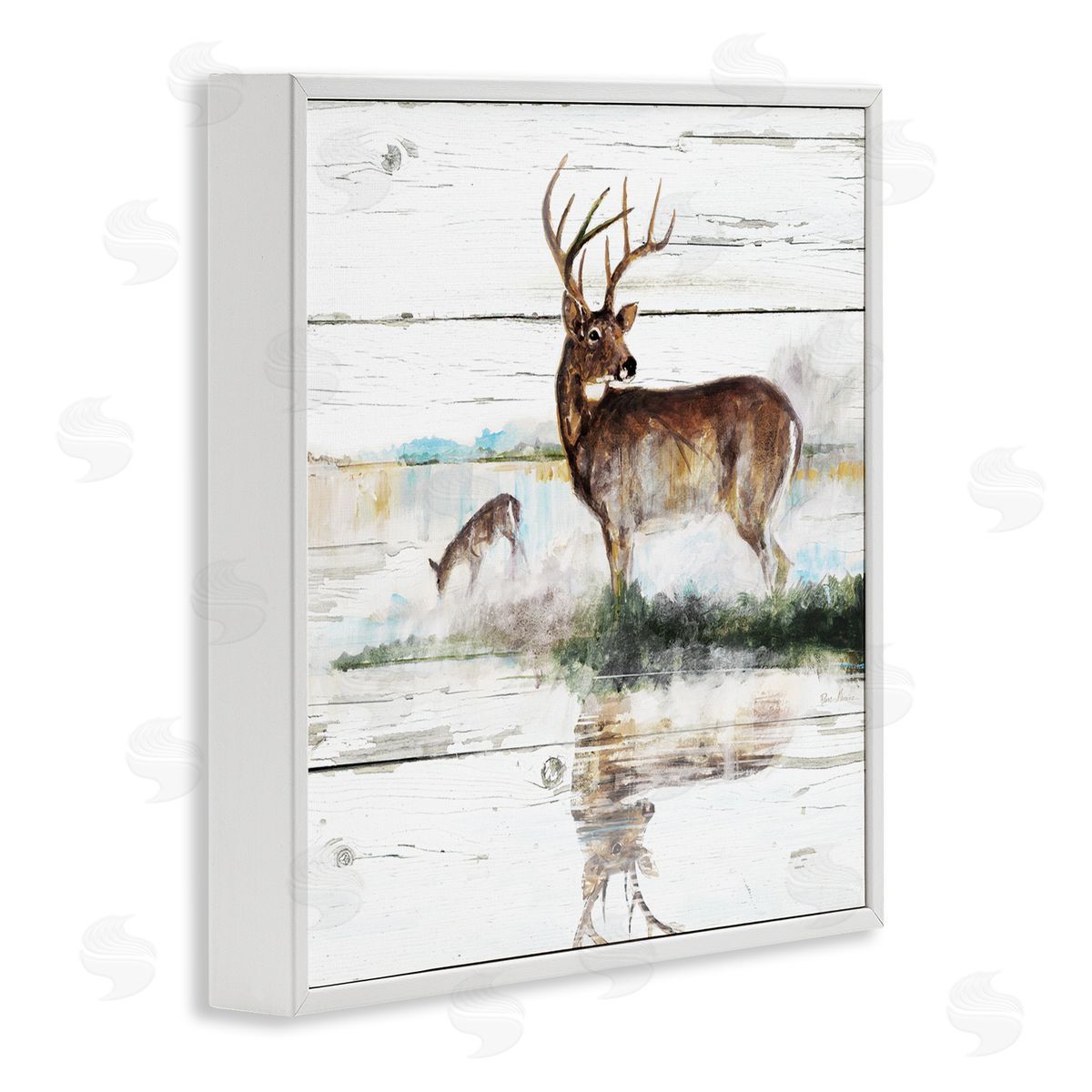 Ruane Manning Wild Buck Deer Watering Hole Forest Animal Reflection White Framed Glicee Wall Art Print
