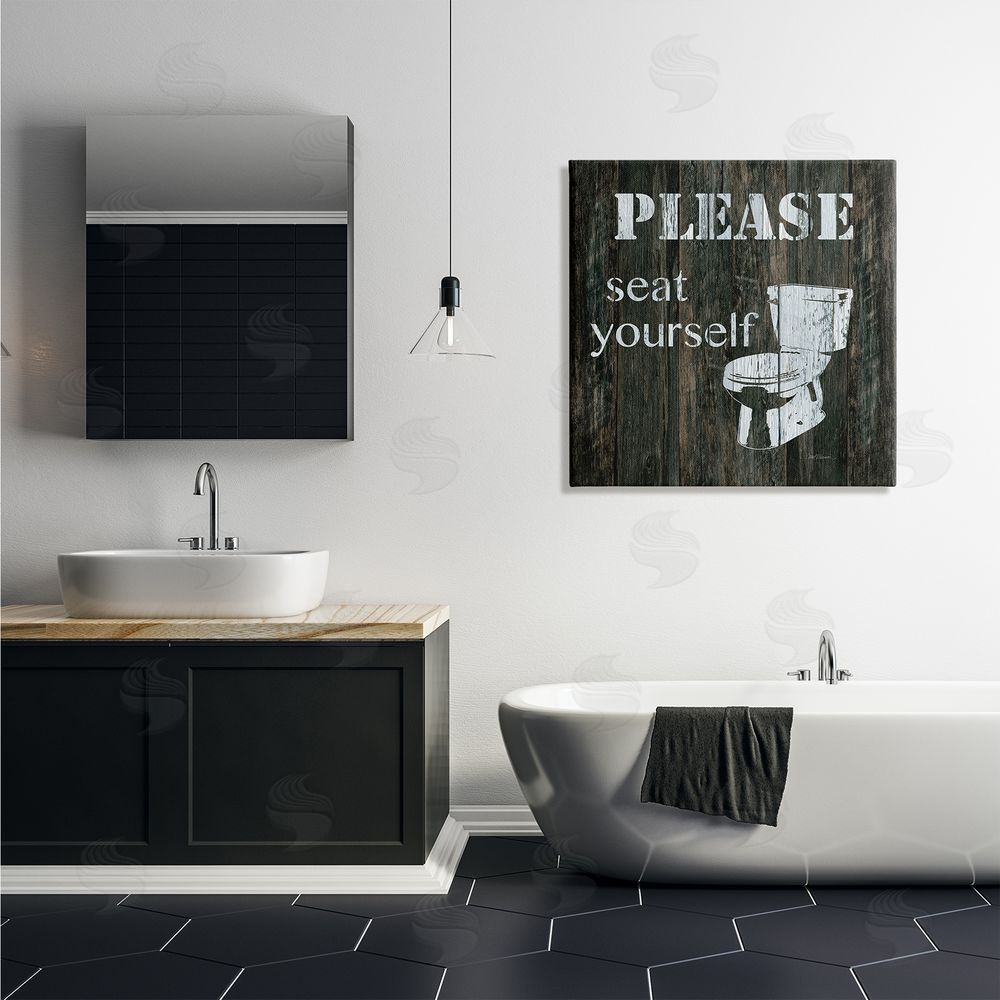 Carol Robinson Seat Yourself Rustic Bathroom Sign Distressed Toilet Canvas Wall Art in Room