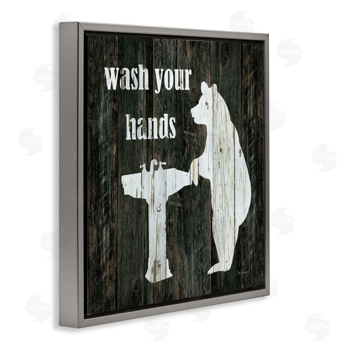 Carol Robinson Wash Your Hands Rustic Bathroom Wilderness Bear Sink Gray Floating Frame Canvas Wall Art Print