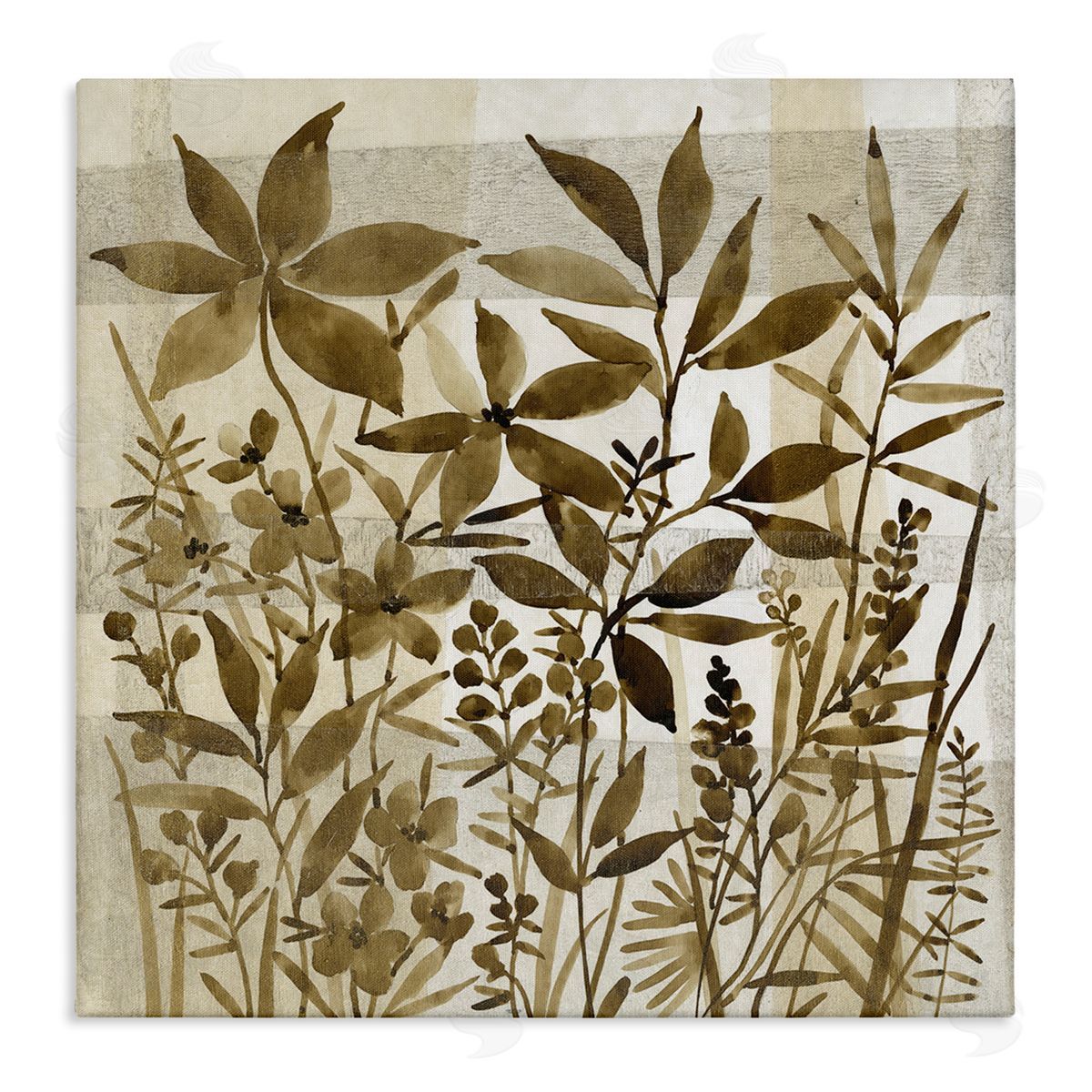 Tim O'Toole Vintage Wildflower Field Abstraction Brown Tan Plaid Stretched Canvas Wall Art Print