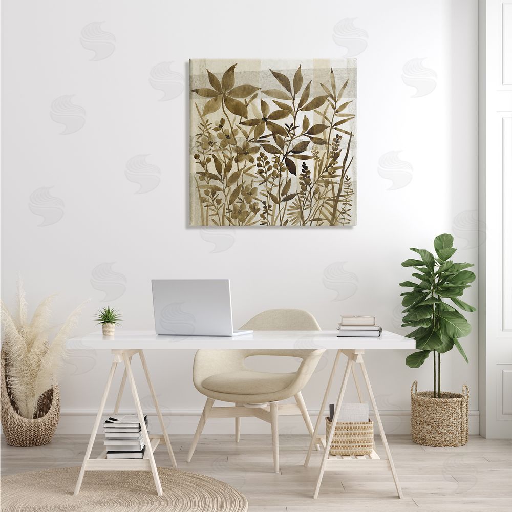 Tim O'Toole Vintage Wildflower Field Abstraction Brown Tan Plaid Canvas Wall Art in Room