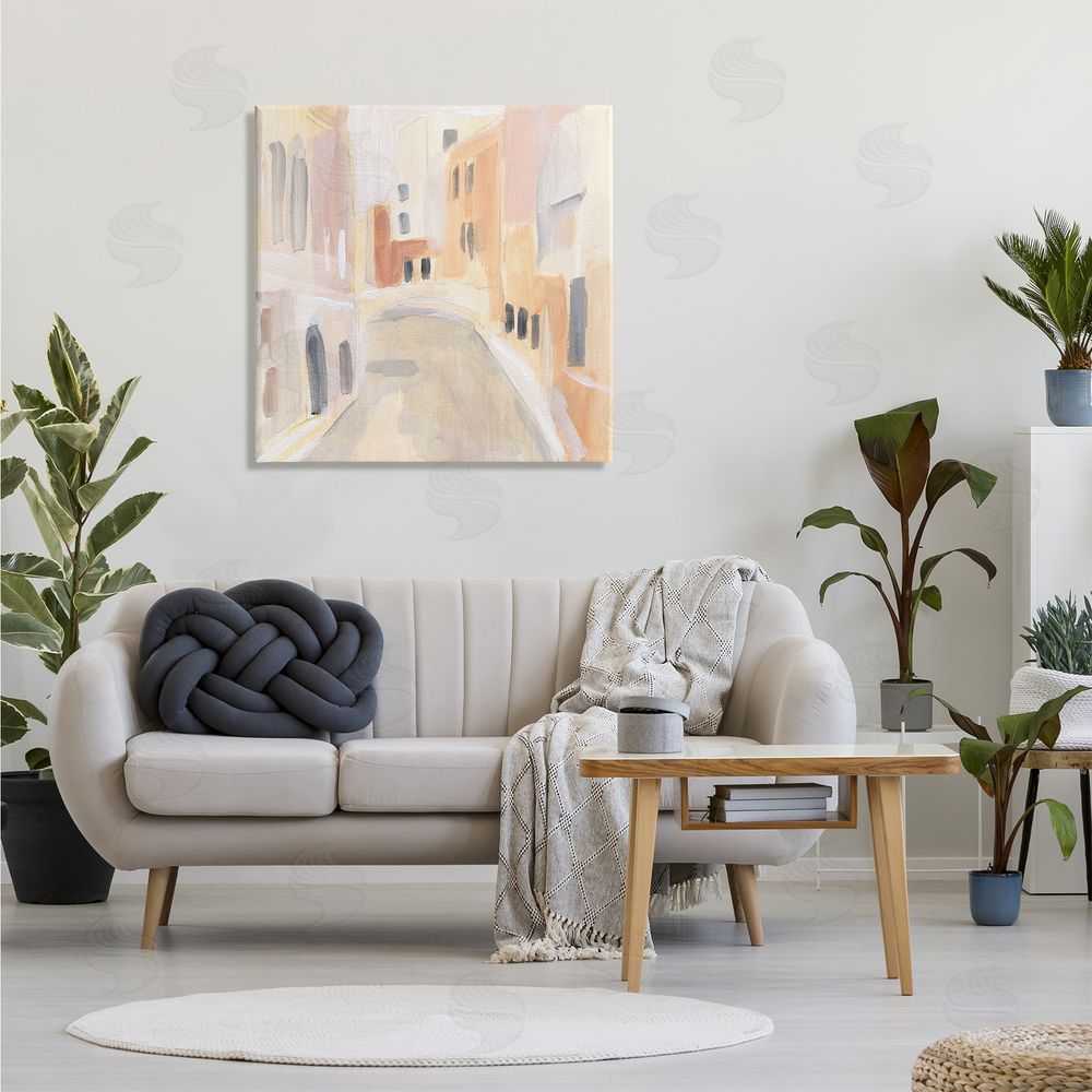 Annie Warren Soft City Pathway Delicate Coastal European Buildings Canvas Wall Art in Room