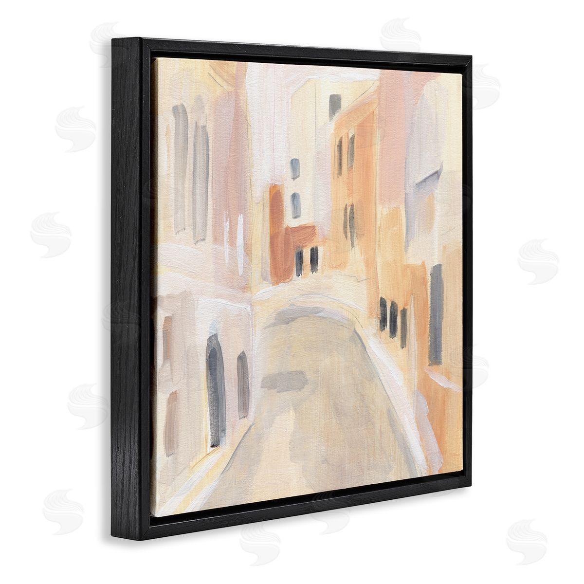 Annie Warren Soft City Pathway Delicate Coastal European Buildings Black Floating Frame Canvas Wall Art Print