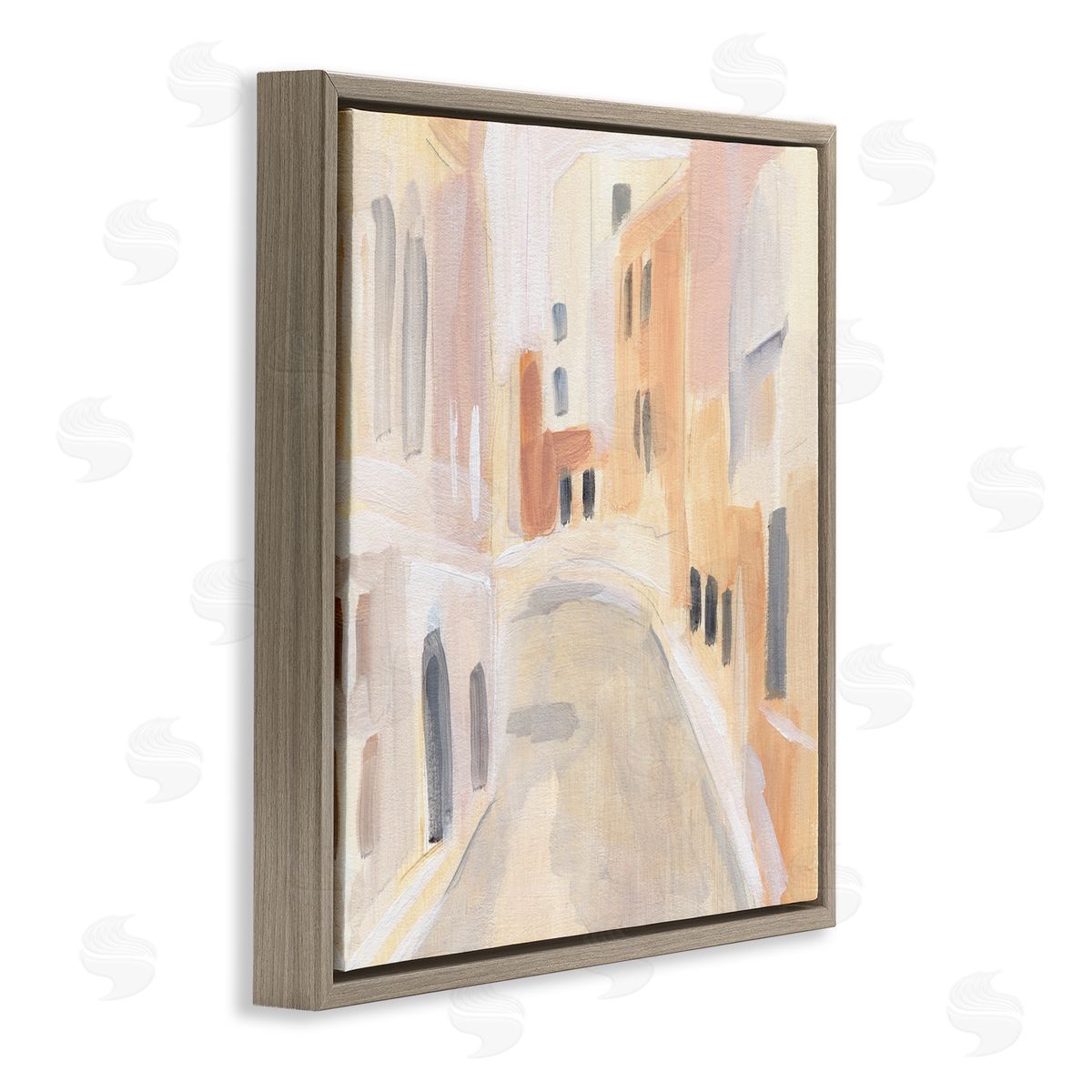 Annie Warren Soft City Pathway Delicate Coastal European Buildings Brown Floating Frame Canvas Wall Art Print