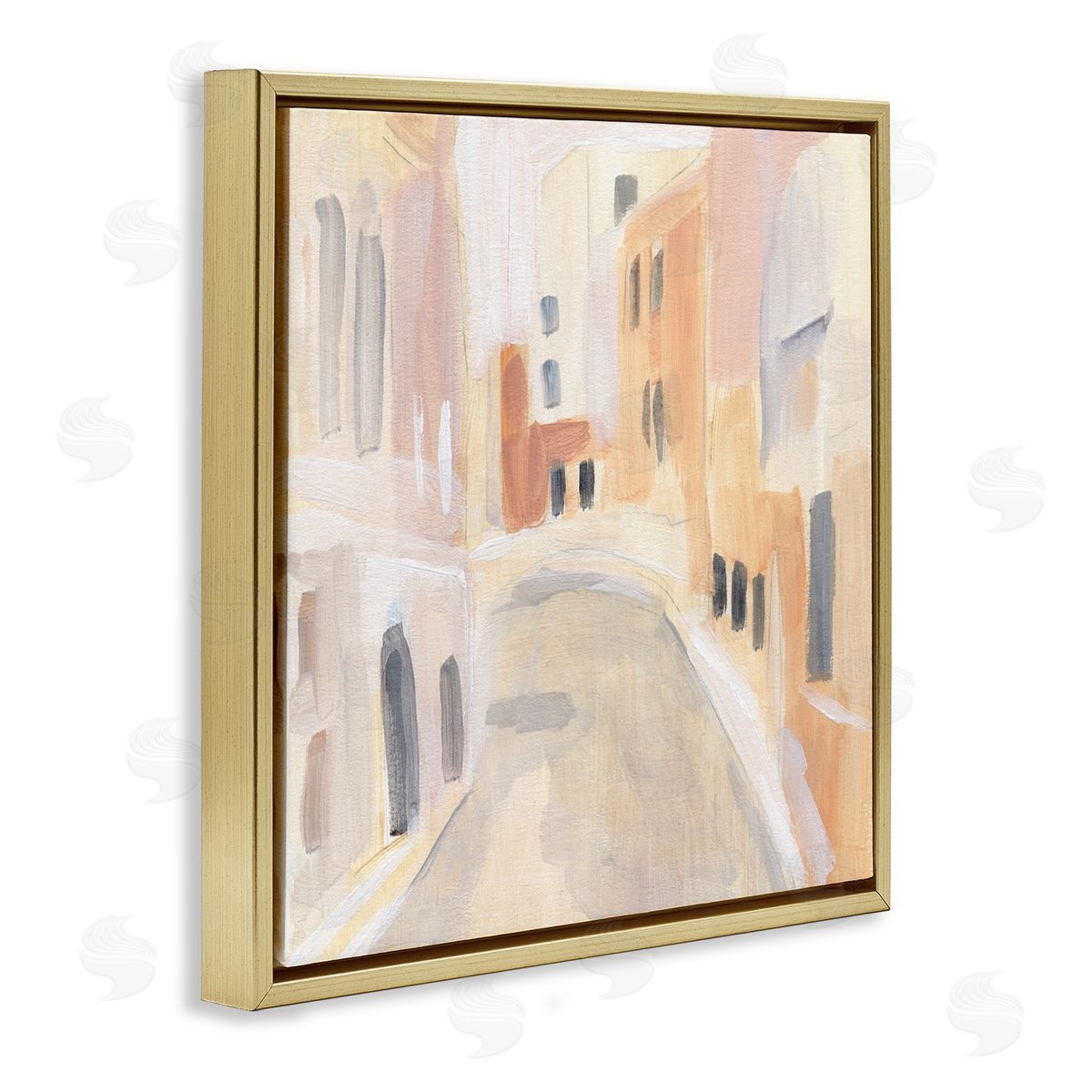 Annie Warren Soft City Pathway Delicate Coastal European Buildings Gold Floating Frame Canvas Wall Art Print