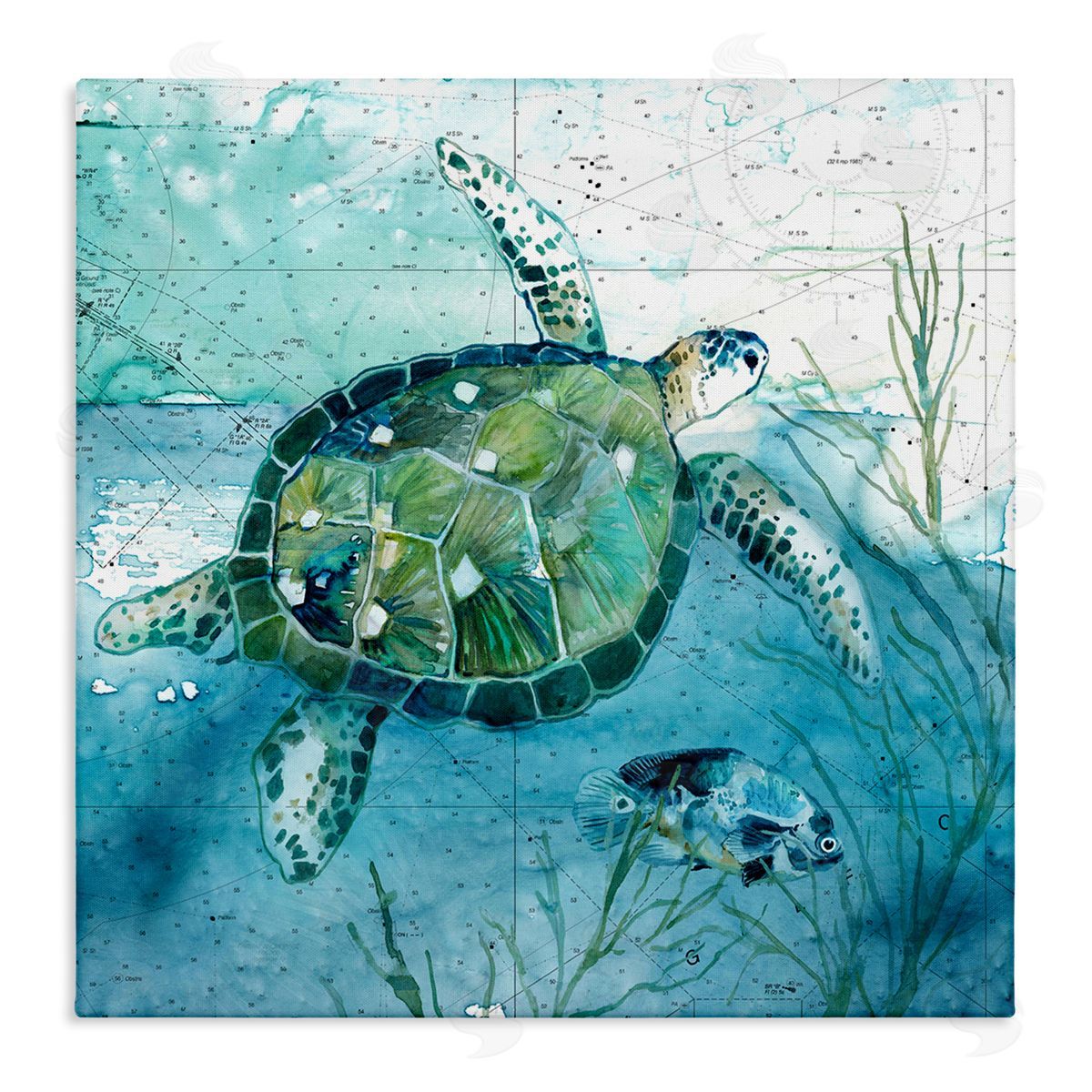 Carol Robinson Sea Tortoise and Fish over Blue Nautical Ocean Map Stretched Canvas Wall Art Print