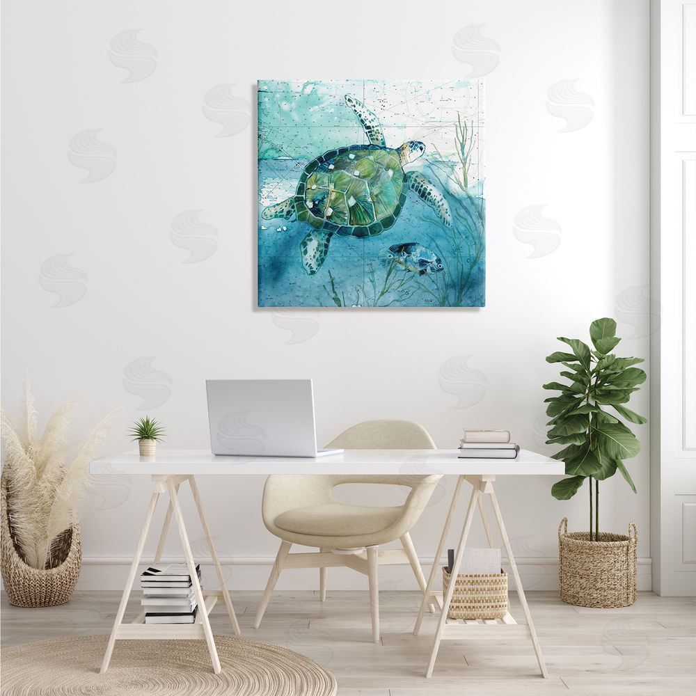Carol Robinson Sea Tortoise and Fish over Blue Nautical Ocean Map Canvas Wall Art in Room