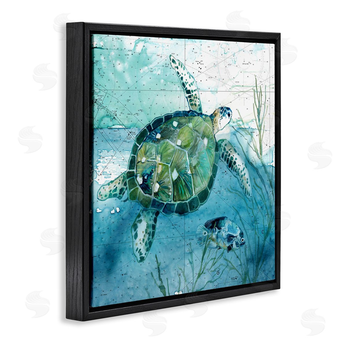 Carol Robinson Sea Tortoise and Fish over Blue Nautical Ocean Map Black Floating Frame Canvas Wall Art Print