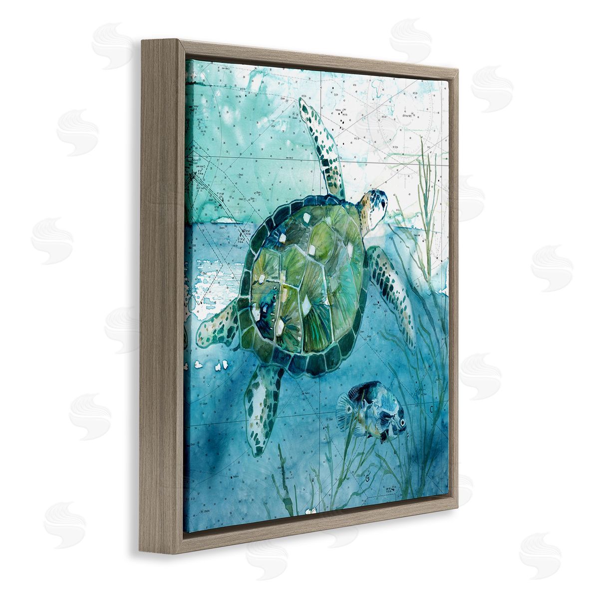 Carol Robinson Sea Tortoise and Fish over Blue Nautical Ocean Map Brown Floating Frame Canvas Wall Art Print