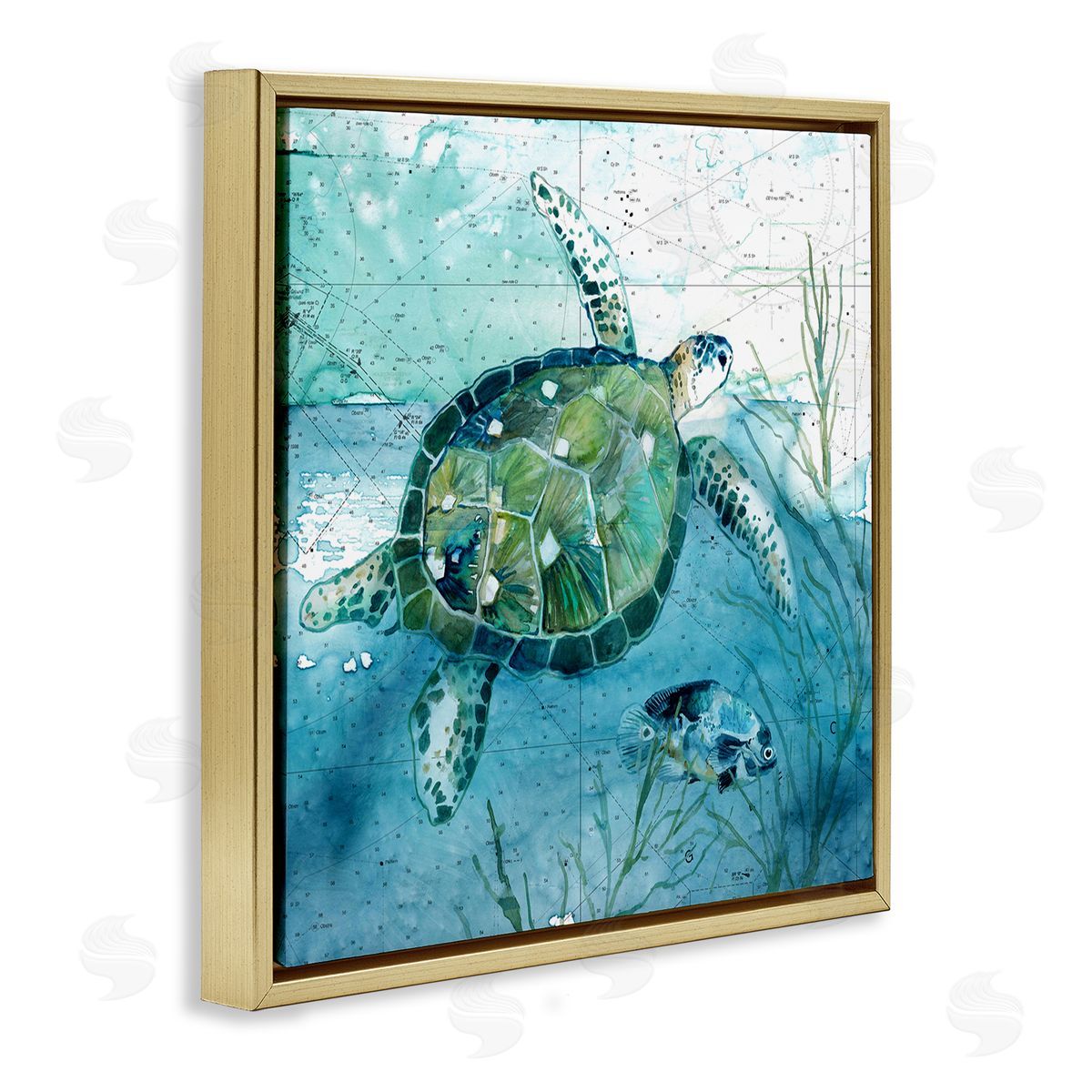 Carol Robinson Sea Tortoise and Fish over Blue Nautical Ocean Map Gold Floating Frame Canvas Wall Art Print
