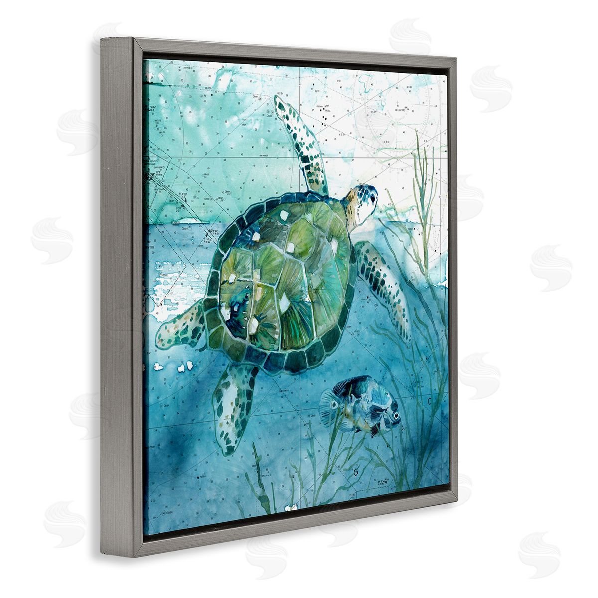 Carol Robinson Sea Tortoise and Fish over Blue Nautical Ocean Map Gray Floating Frame Canvas Wall Art Print