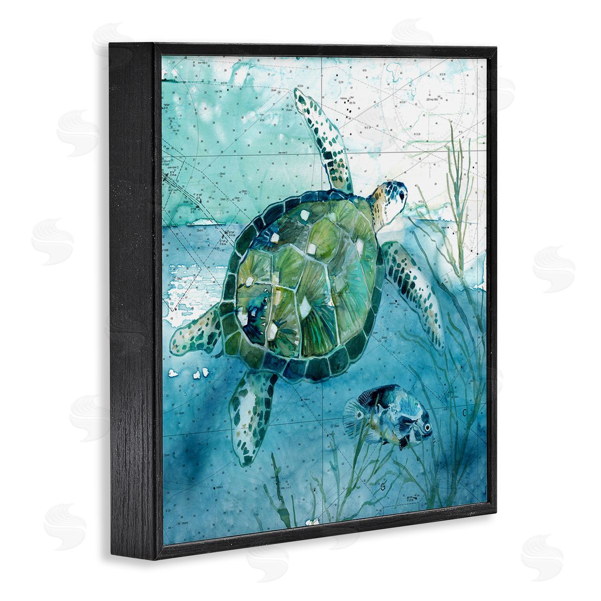 Carol Robinson Sea Tortoise and Fish over Blue Nautical Ocean Map Black Framed Glicee Wall Art Print