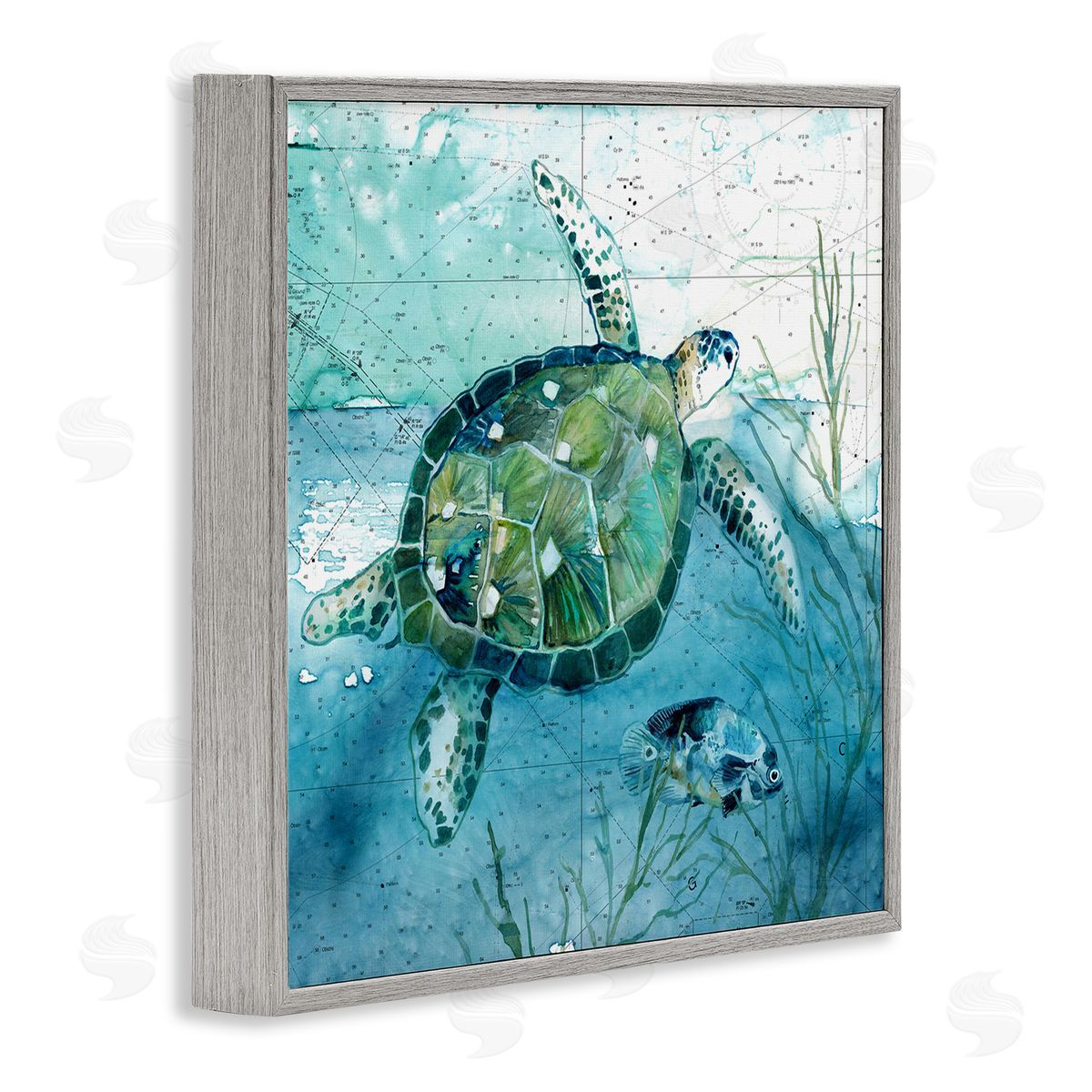 Carol Robinson Sea Tortoise and Fish over Blue Nautical Ocean Map Gray Framed Glicee Wall Art Print