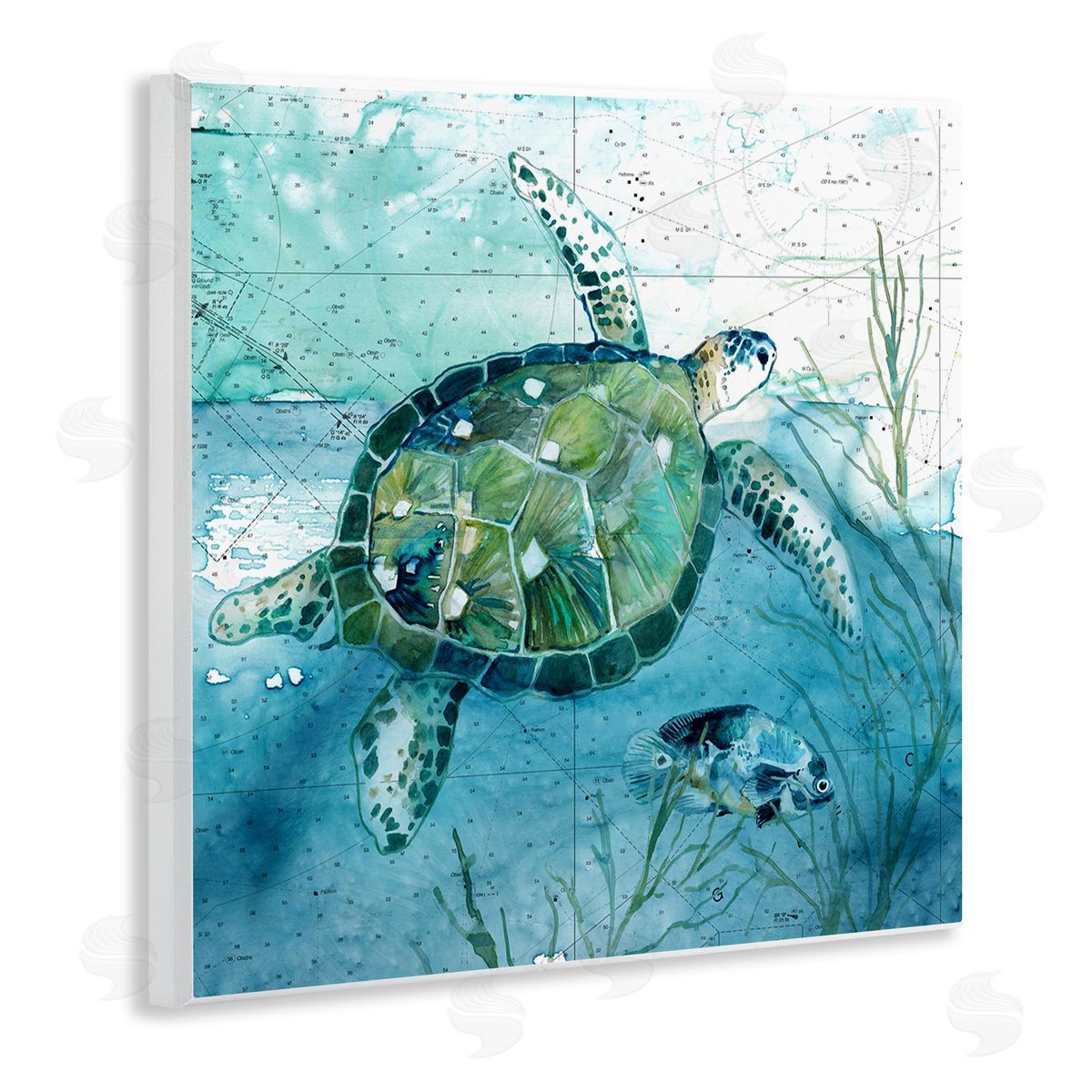 Carol Robinson Sea Tortoise and Fish over Blue Nautical Ocean Map Wooden Wall Plaque Art Print