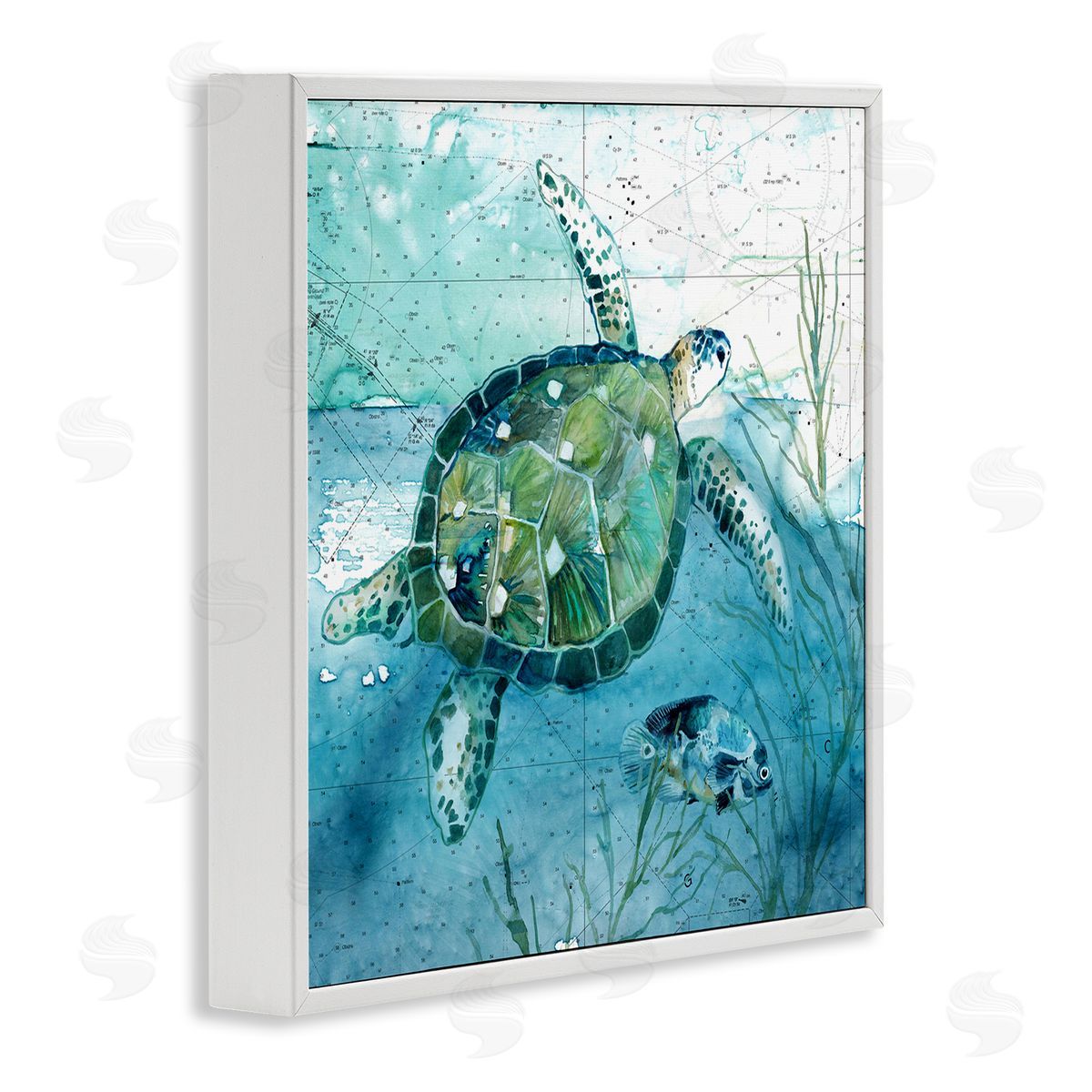 Carol Robinson Sea Tortoise and Fish over Blue Nautical Ocean Map White Framed Glicee Wall Art Print
