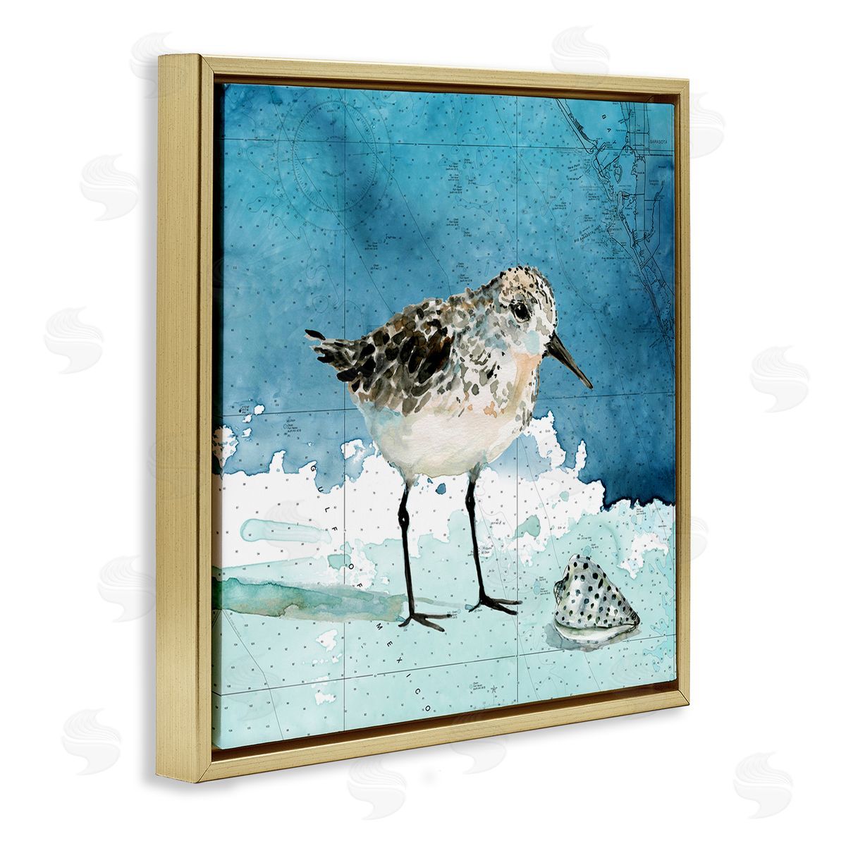Carol Robinson Sandpiper Bird and Shell Nautical Ocean Map Gold Floating Frame Canvas Wall Art Print