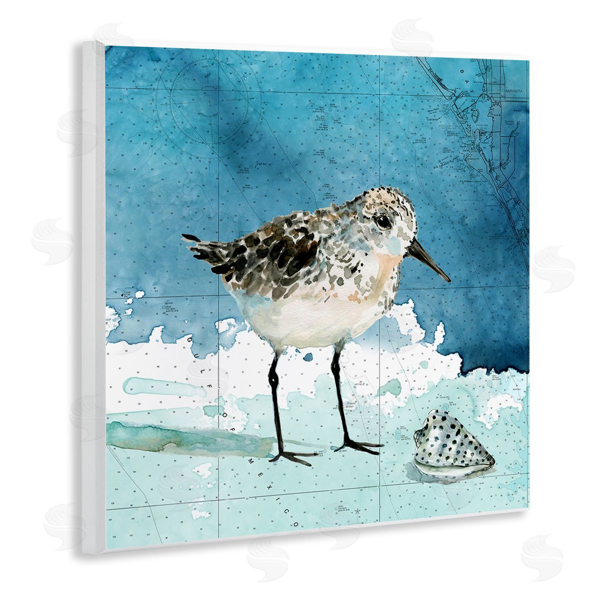 Carol Robinson Sandpiper Bird and Shell Nautical Ocean Map Wooden Wall Plaque Art Print