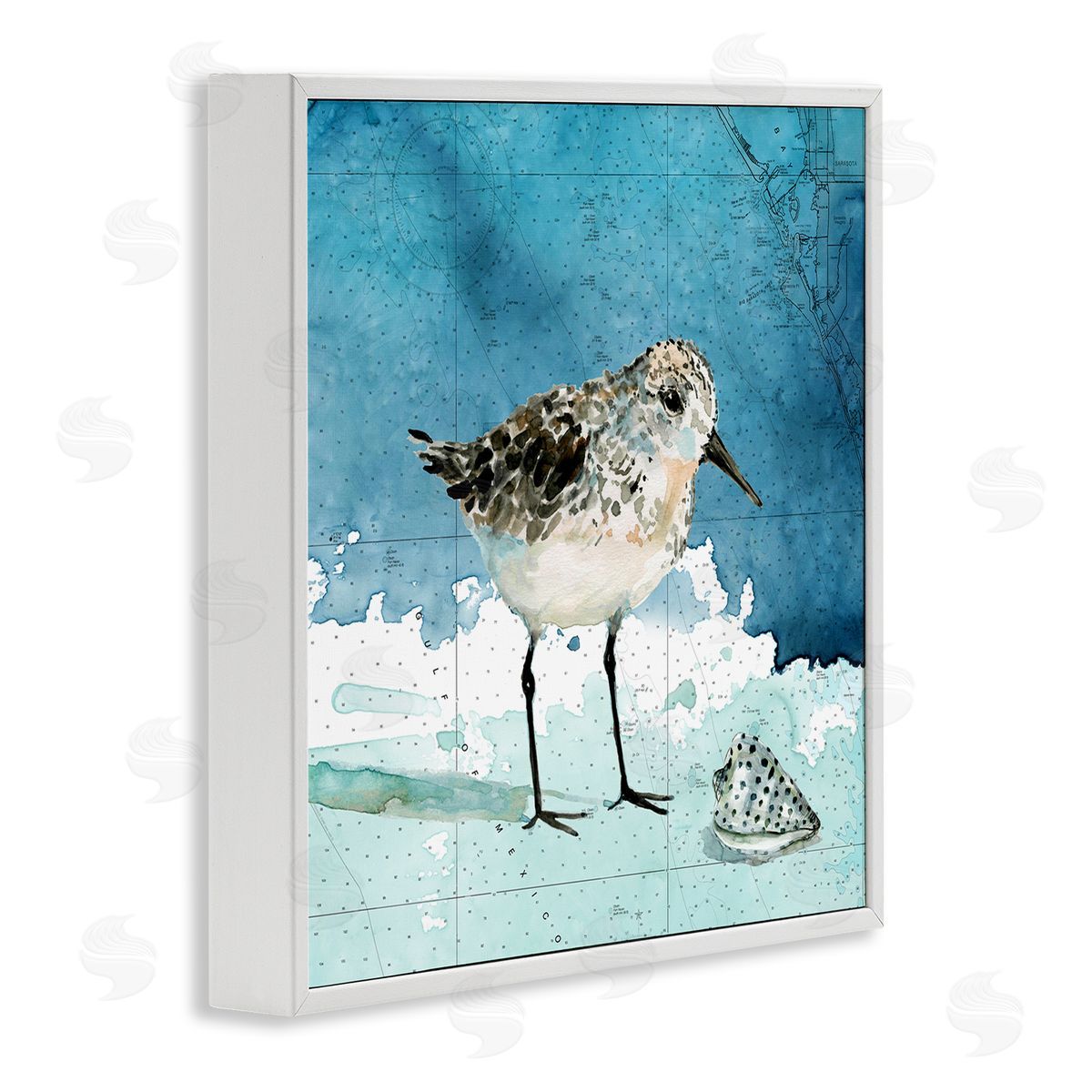Carol Robinson Sandpiper Bird and Shell Nautical Ocean Map White Framed Glicee Wall Art Print