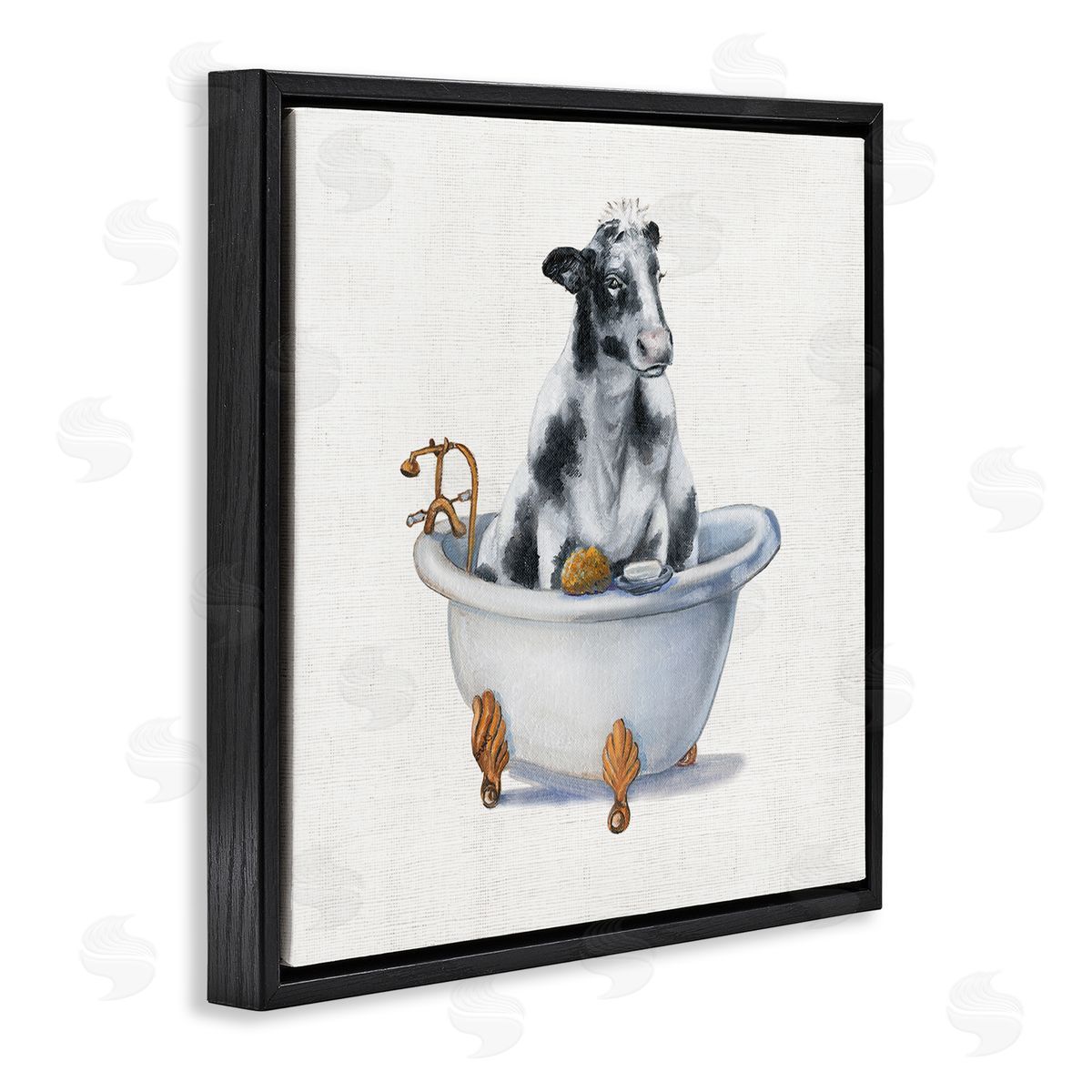 Dairy Cow in Bathtub Black Floating Frame Canvas Wall Art, Home Decor by Donna Brooks