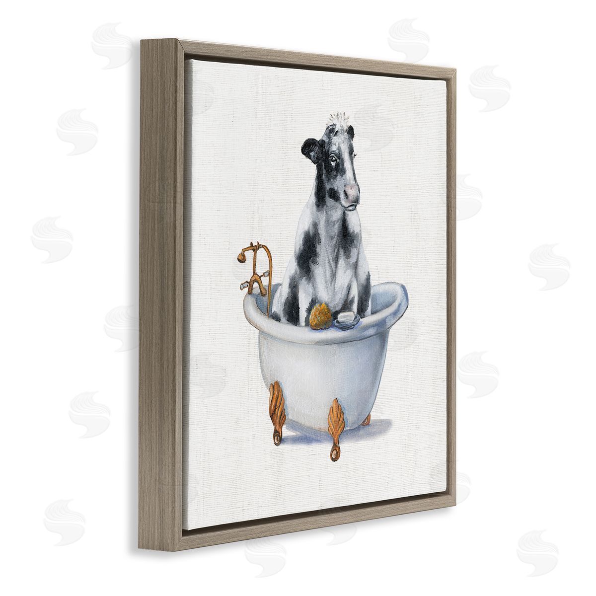 Dairy Cow in Bathtub Brown Floating Frame Canvas Wall Art, Home Decor by Donna Brooks
