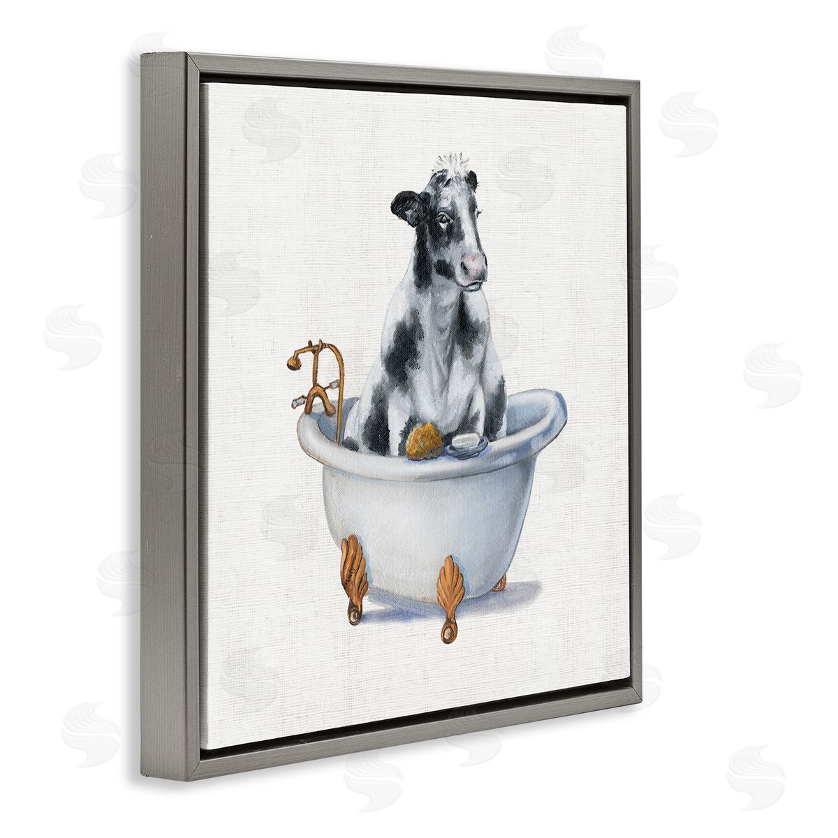 Dairy Cow in Bathtub Grey Floating Frame Canvas Wall Art, Home Decor by Donna Brooks