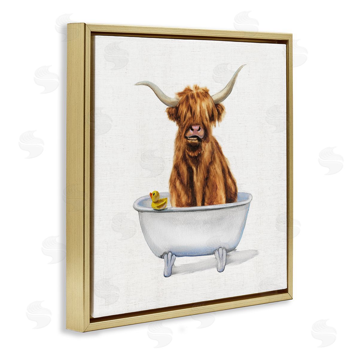 Shaggy Country Cattle in Tub Gold Floating Frame Canvas Wall Art, Home Decor by Donna Brooks