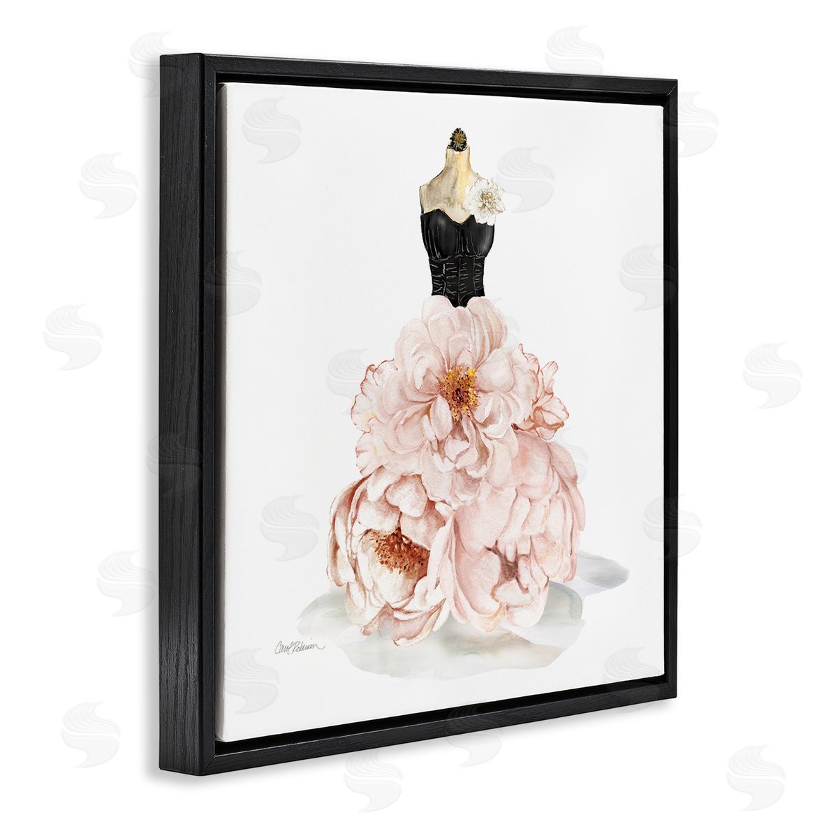 Pink Peonies Floral Dress Black Floating Frame Canvas Wall Art, Home Decor by Carol Robinson
