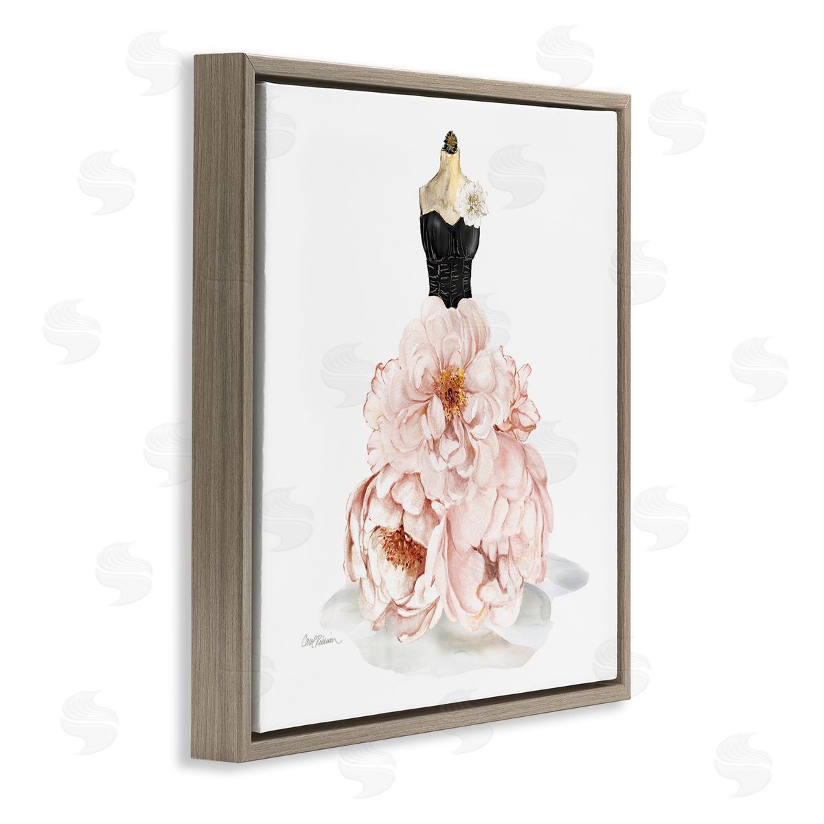 Pink Peonies Floral Dress Brown Floating Frame Canvas Wall Art, Home Decor by Carol Robinson