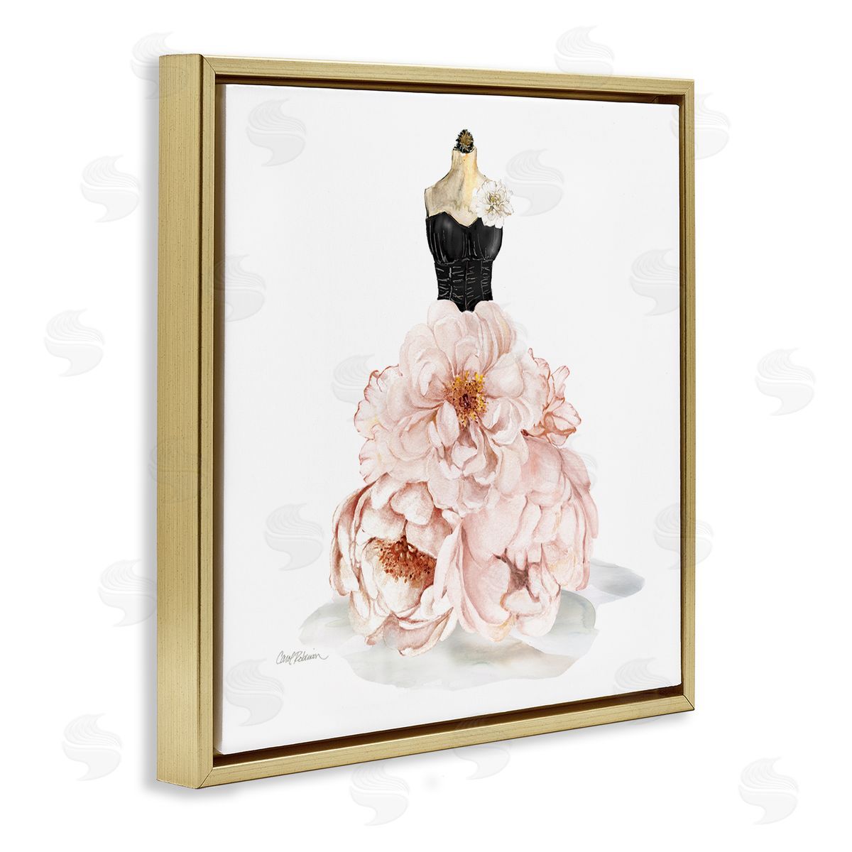Pink Peonies Floral Dress Gold Floating Frame Canvas Wall Art, Home Decor by Carol Robinson