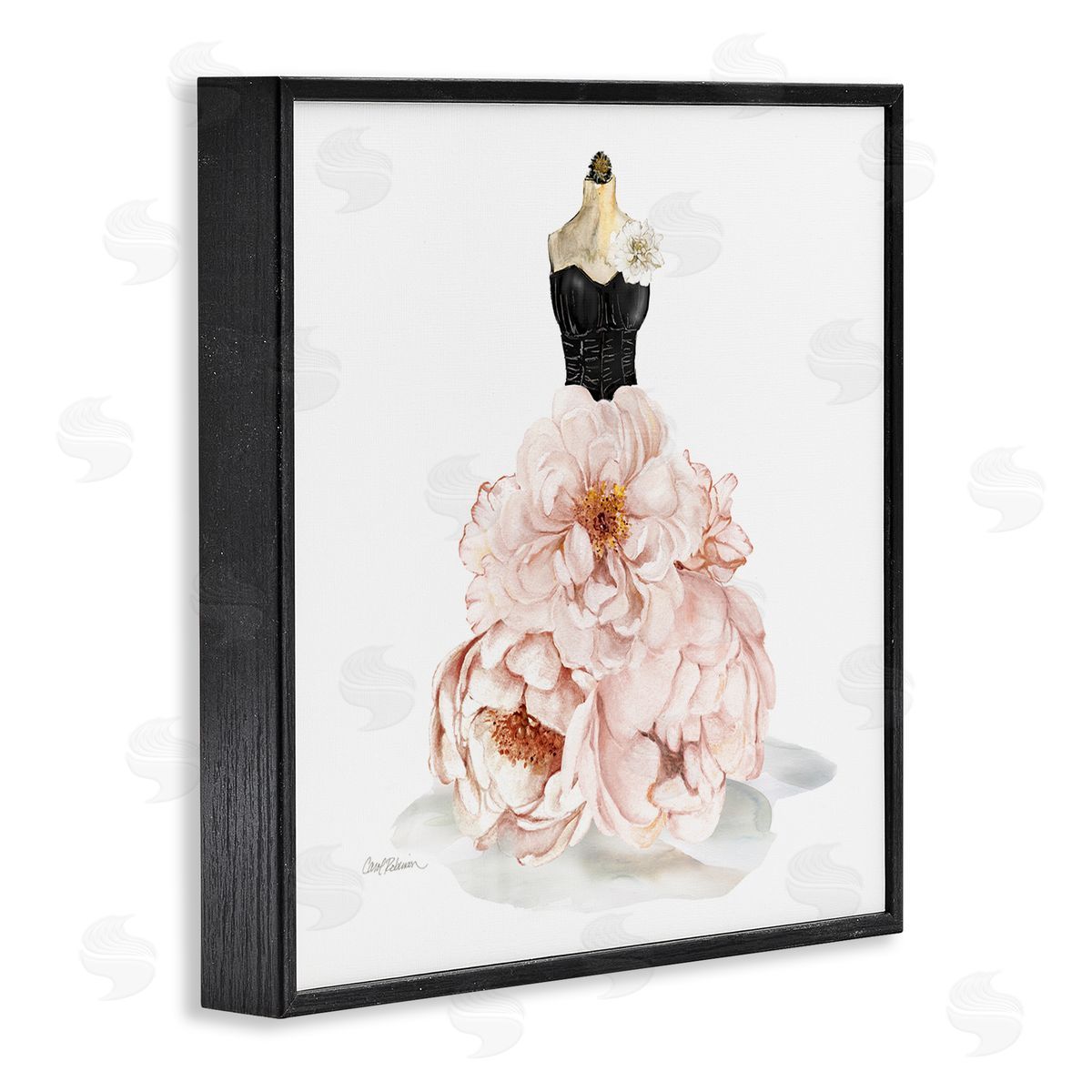 Pink Peonies Floral Dress Black Frame Print Wall Art, Home Decor by Carol Robinson