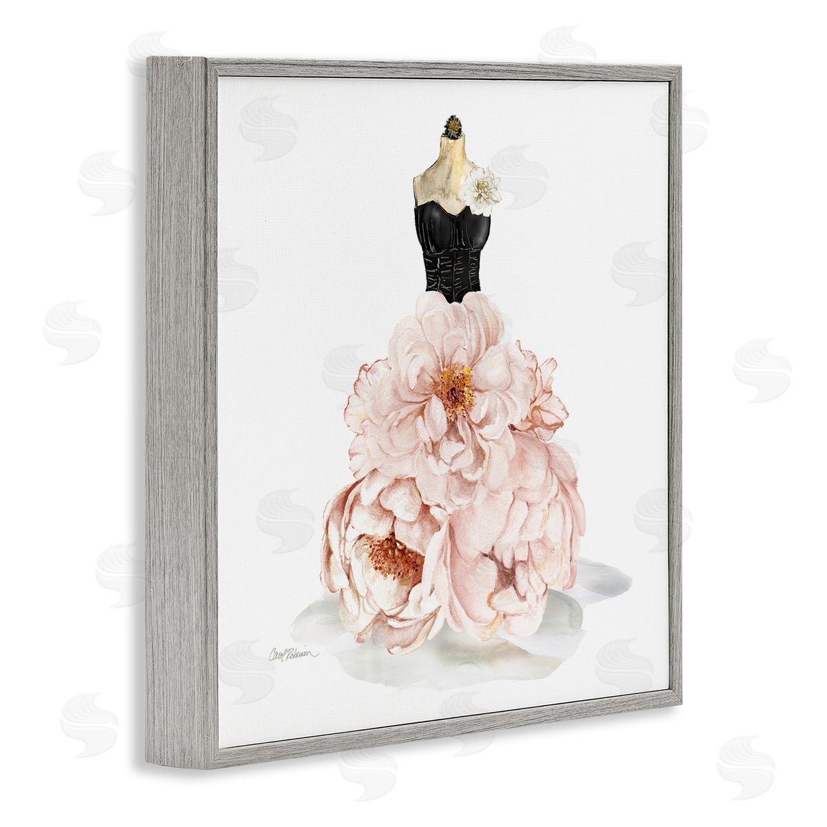 Pink Peonies Floral Dress Grey Frame Print Wall Art, Home Decor by Carol Robinson