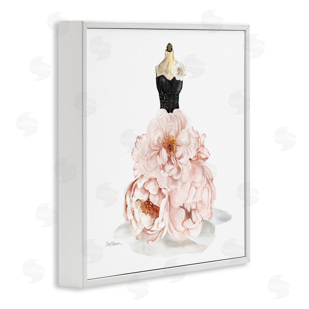 Pink Peonies Floral Dress White Frame Print Wall Art, Home Decor by Carol Robinson