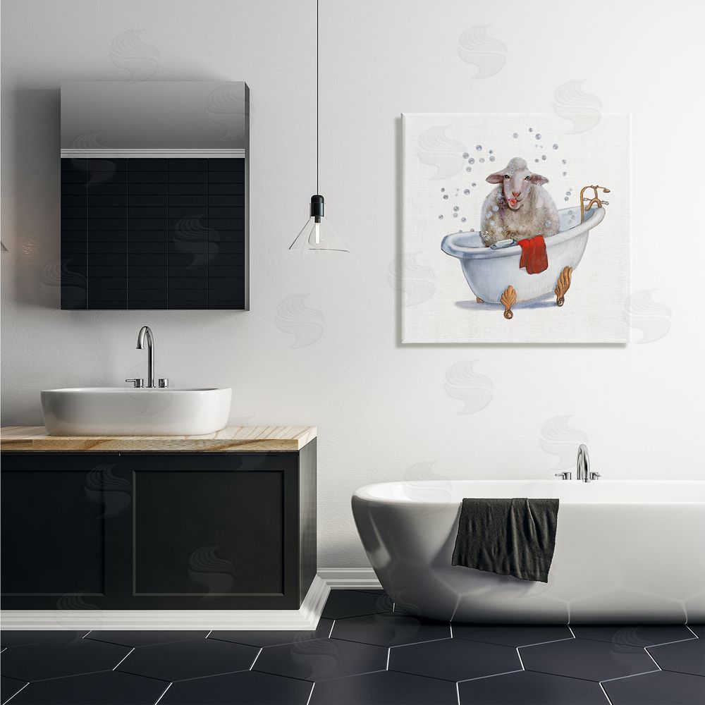 Donna Brooks Shaggy Sheep in Bubble Bath Playful Farm Animal Canvas Wall Art in Room