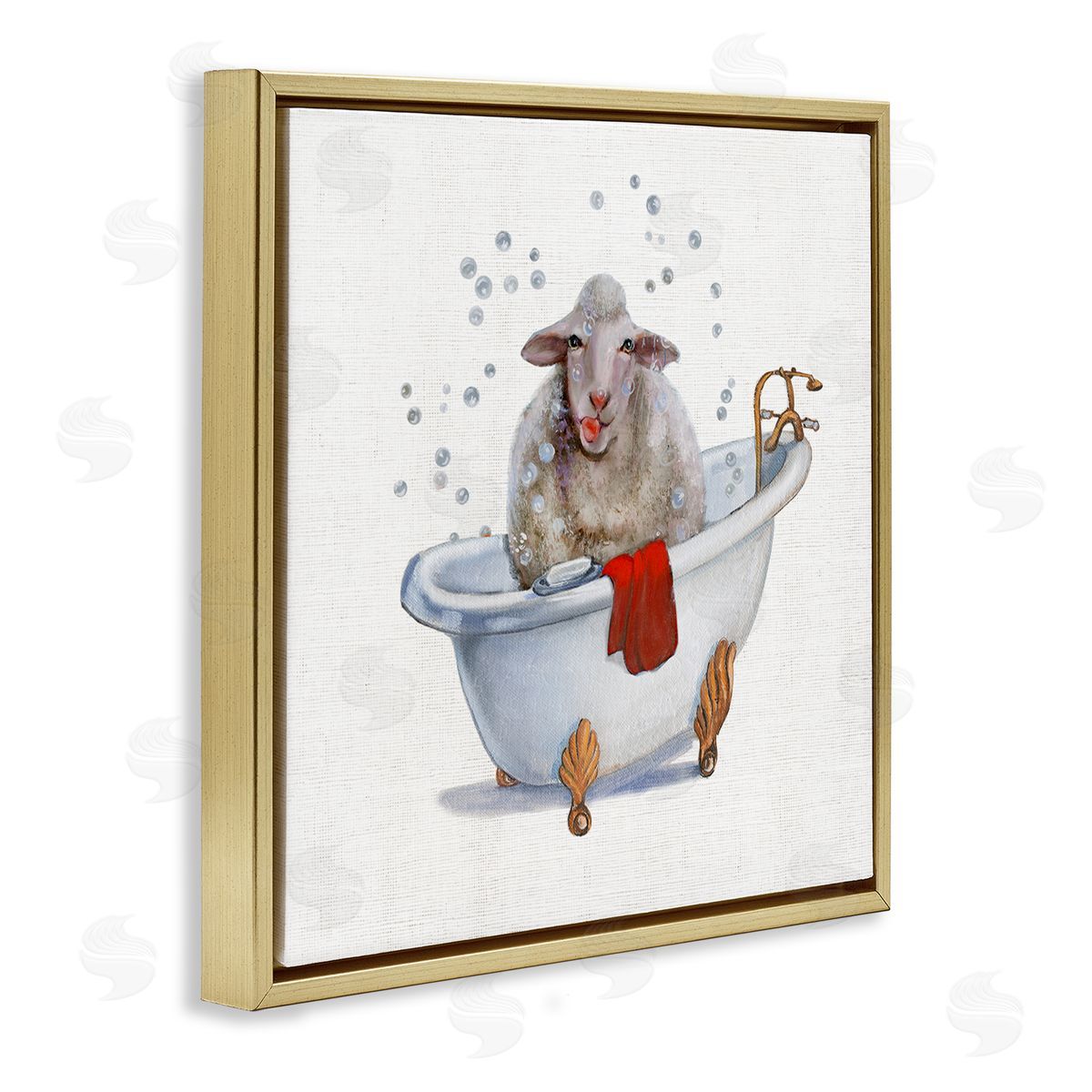 Donna Brooks Shaggy Sheep in Bubble Bath Playful Farm Animal Gold Floating Frame Canvas Wall Art Print