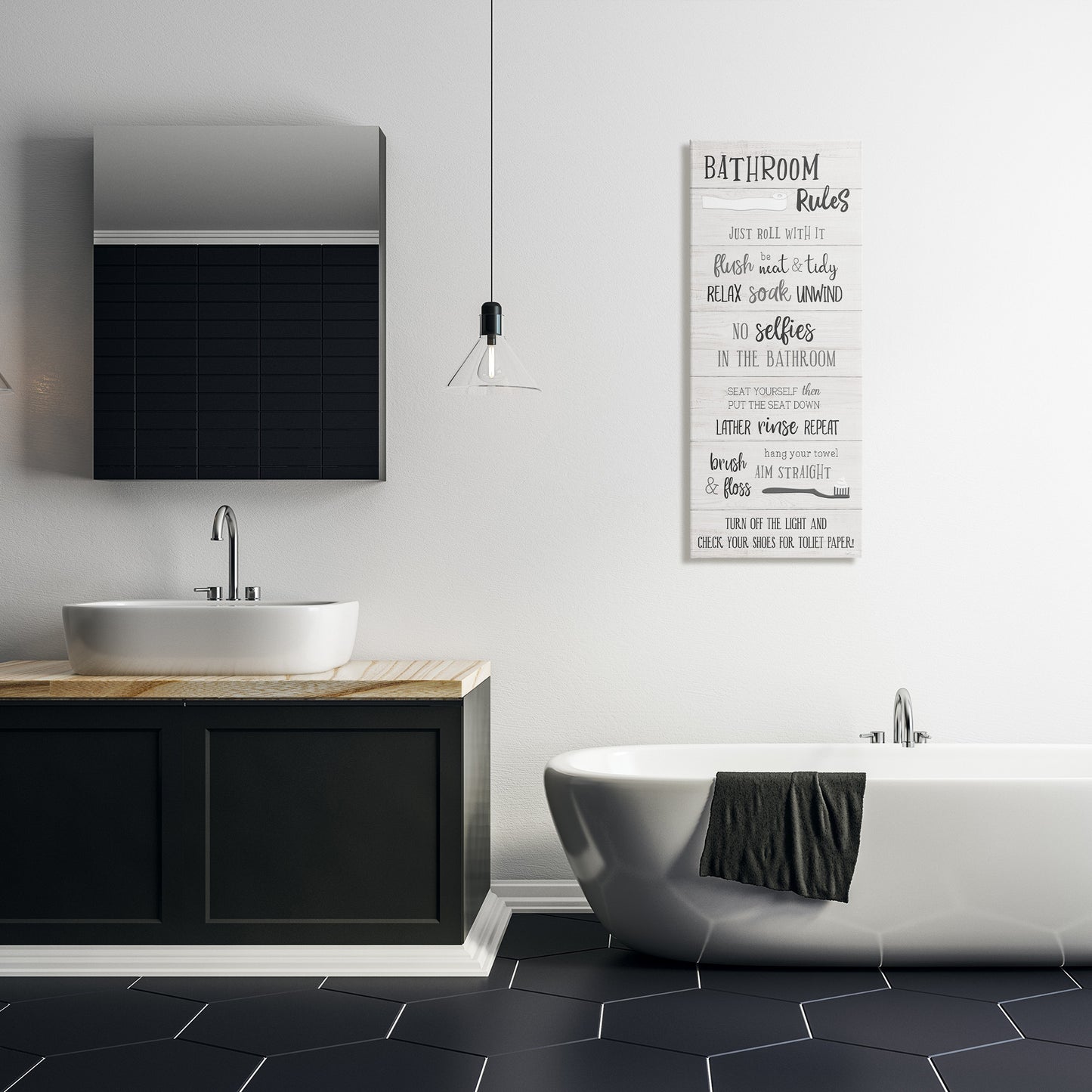 Fun Bathroom Rules Sign Canvas Wall Art in Room, Home Decor by Natalie Carpentieri