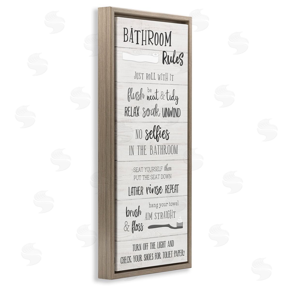 Fun Bathroom Rules Sign Brown Floating Frame Canvas Wall Art, Home Decor by Natalie Carpentieri