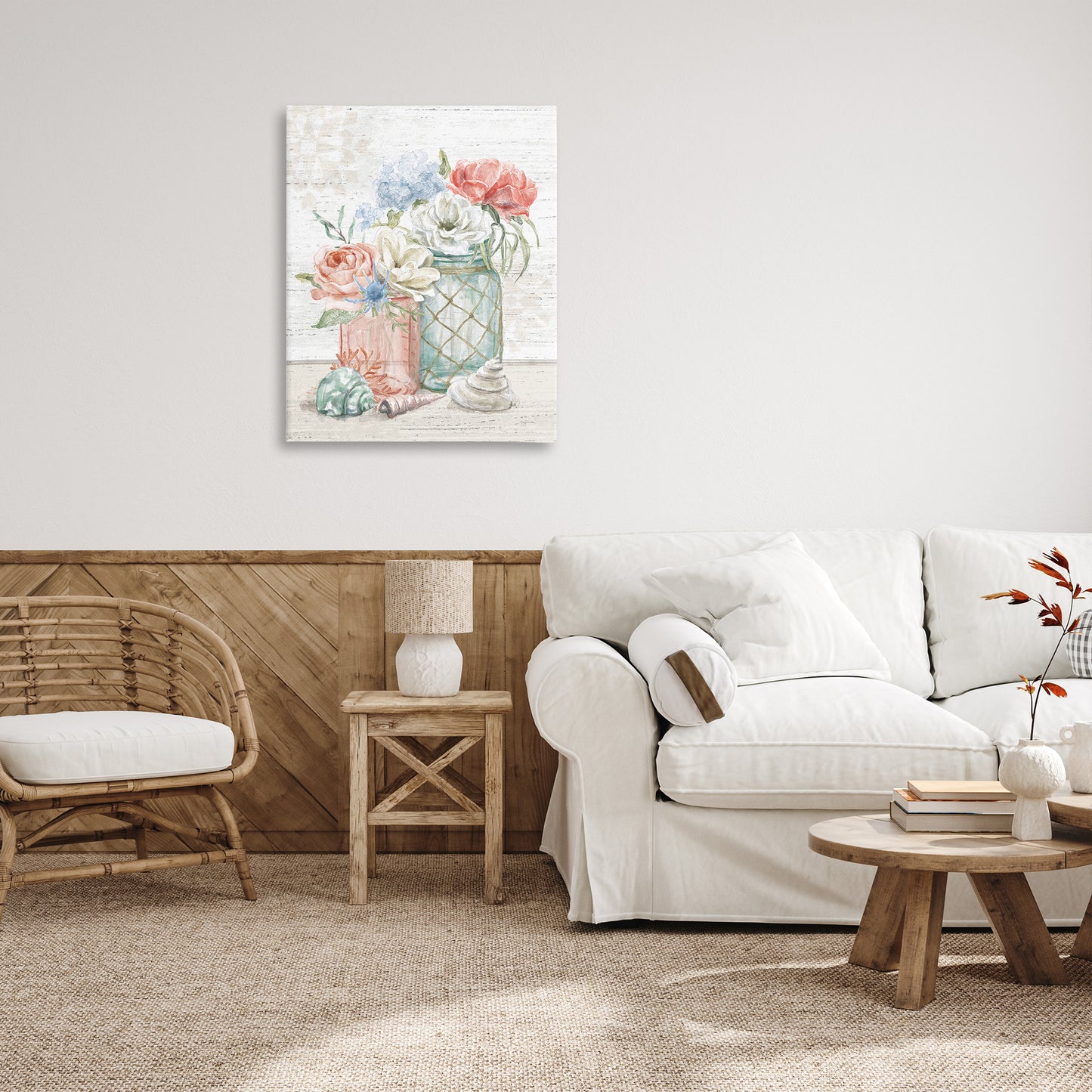 Relaxed Nautical Jar Bouquets Canvas Wall Art in Room, Home Decor by Mary Urban