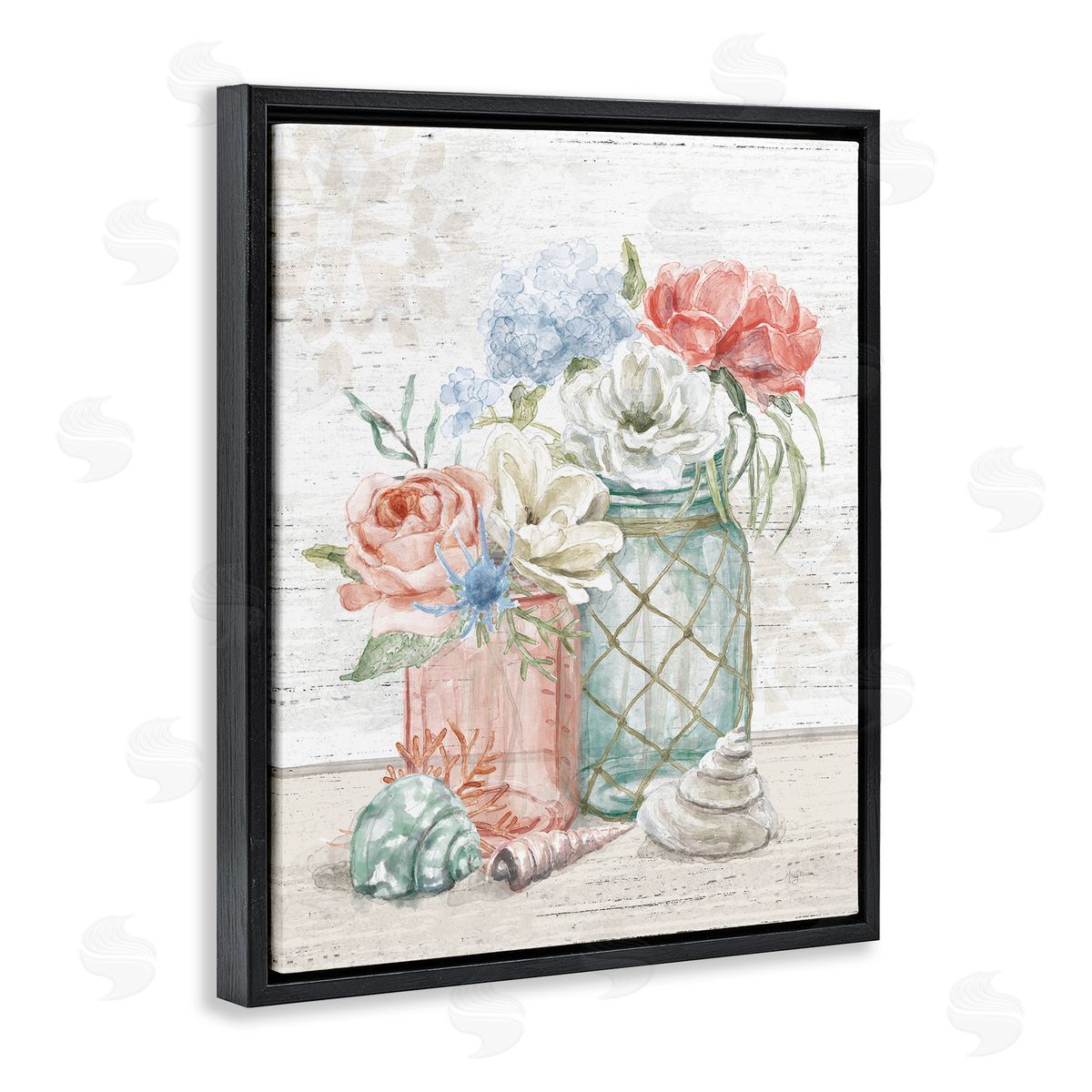 Relaxed Nautical Jar Bouquets Black Floating Frame Canvas Wall Art, Home Decor by Mary Urban