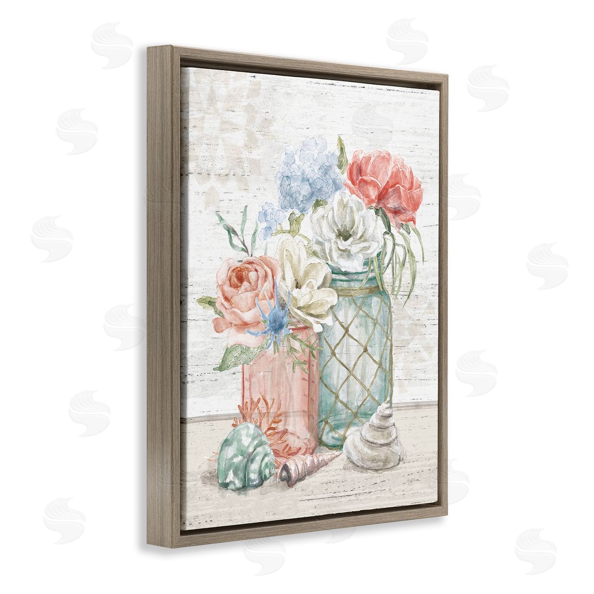Relaxed Nautical Jar Bouquets Brown Floating Frame Canvas Wall Art, Home Decor by Mary Urban