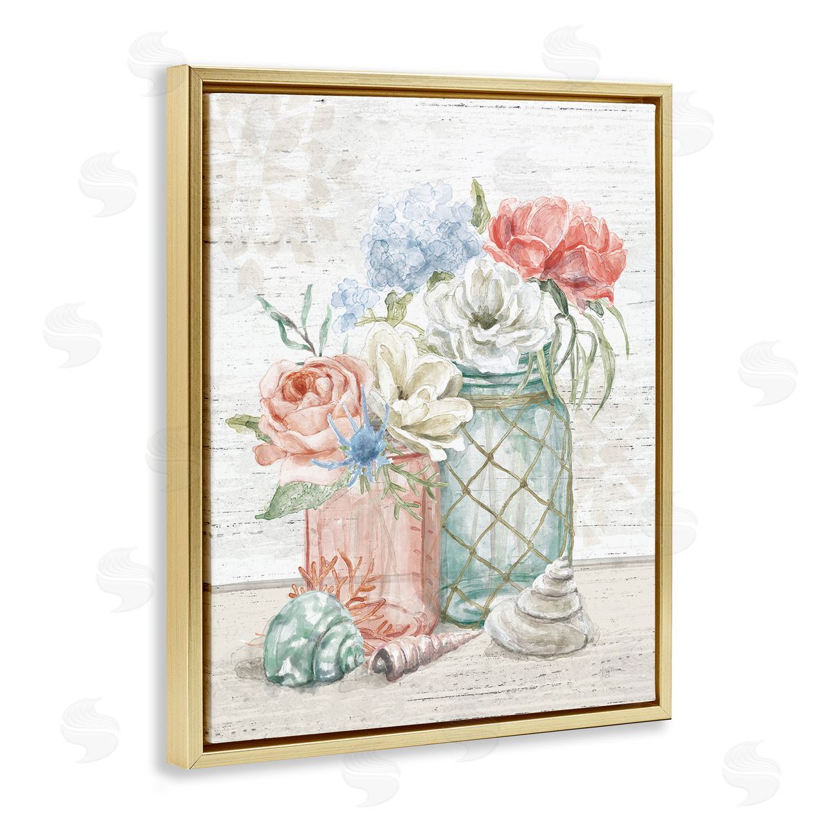 Relaxed Nautical Jar Bouquets Gold Floating Frame Canvas Wall Art, Home Decor by Mary Urban
