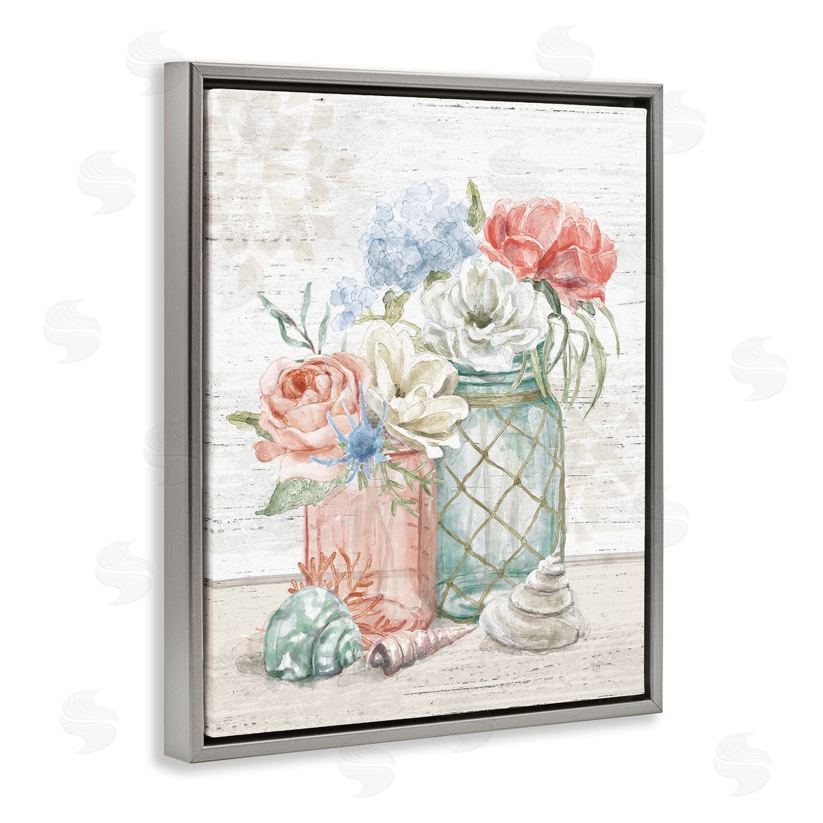 Relaxed Nautical Jar Bouquets Grey Floating Frame Canvas Wall Art, Home Decor by Mary Urban