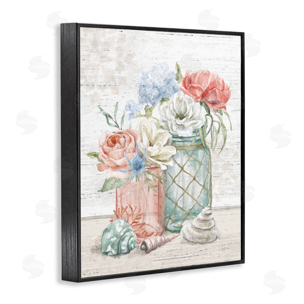 Relaxed Nautical Jar Bouquets Black Frame Print Wall Art, Home Decor by Mary Urban
