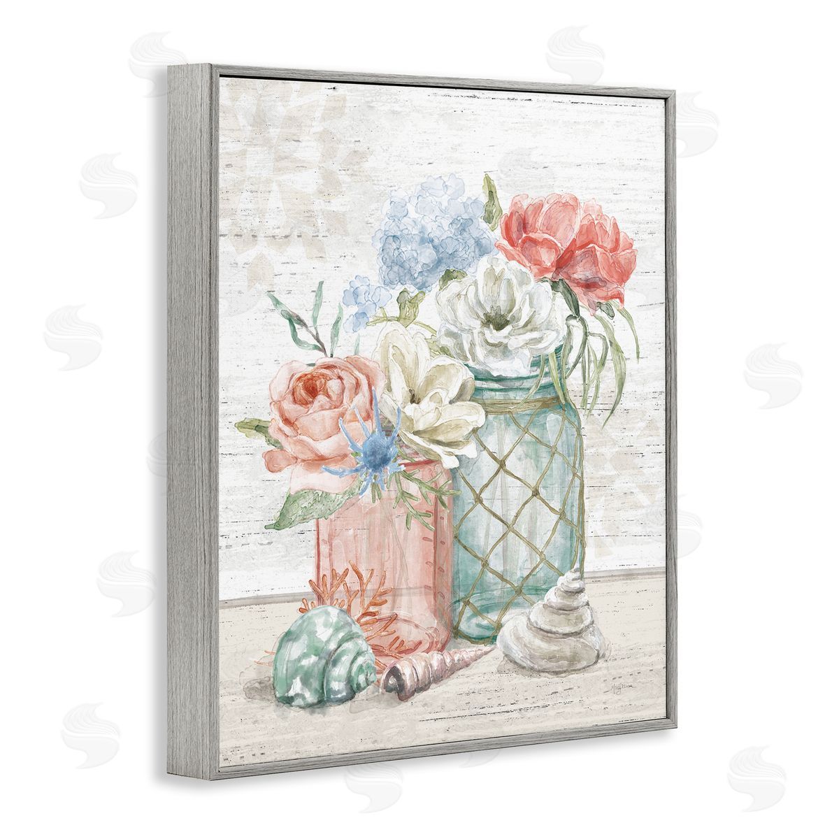 Relaxed Nautical Jar Bouquets Grey Frame Print Wall Art, Home Decor by Mary Urban