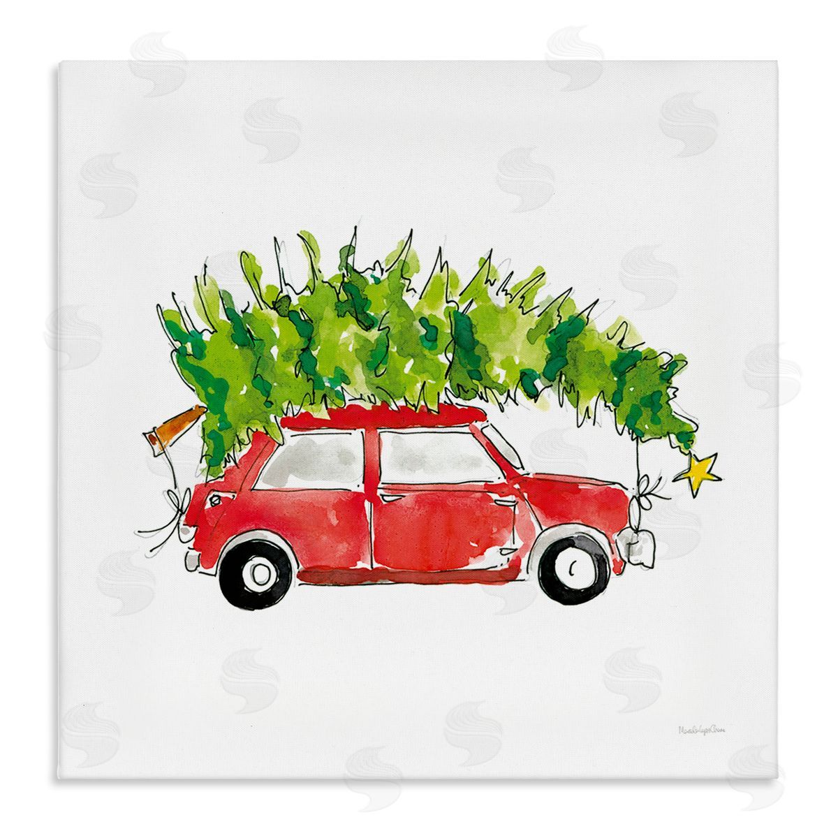 Mercedes Lopez Charro Vintage Red Car Oversized Christmas Tree Watercolor Stretched Canvas Wall Art Print