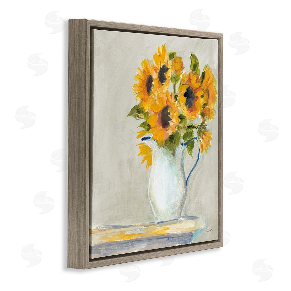 Sue Schlabach Soft Petal Sunflower Vase Country Milk Jar Brown Floating Frame Canvas Wall Art Print