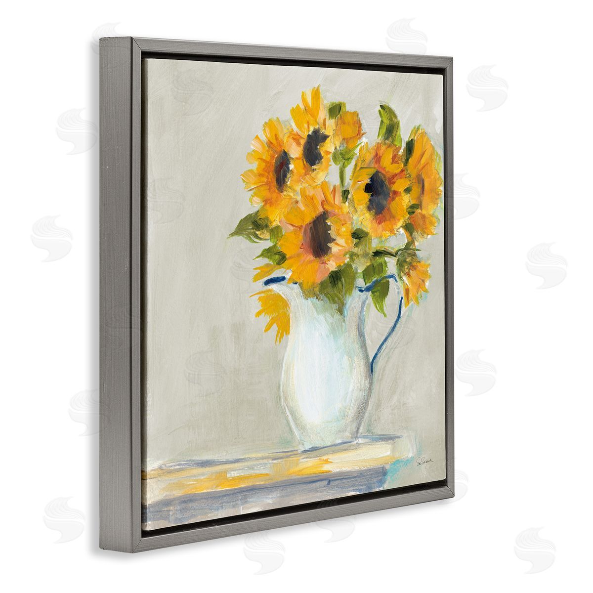 Sue Schlabach Soft Petal Sunflower Vase Country Milk Jar Gray Floating Frame Canvas Wall Art Print