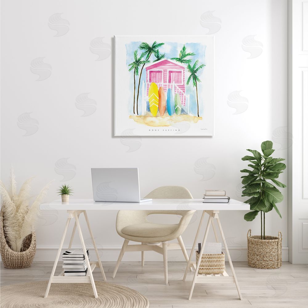 Mercedes Lopez Charro Gone Surfing Tropical Phrase Pink Beach House Canvas Wall Art in Room