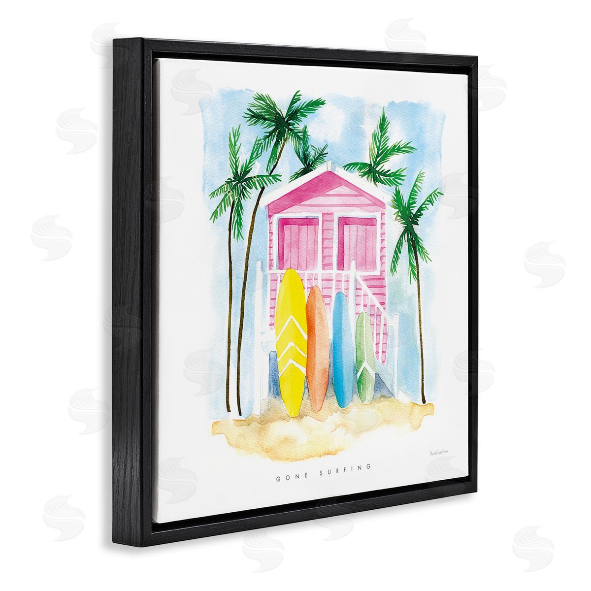 Mercedes Lopez Charro Gone Surfing Tropical Phrase Pink Beach House Black Floating Frame Canvas Wall Art Print